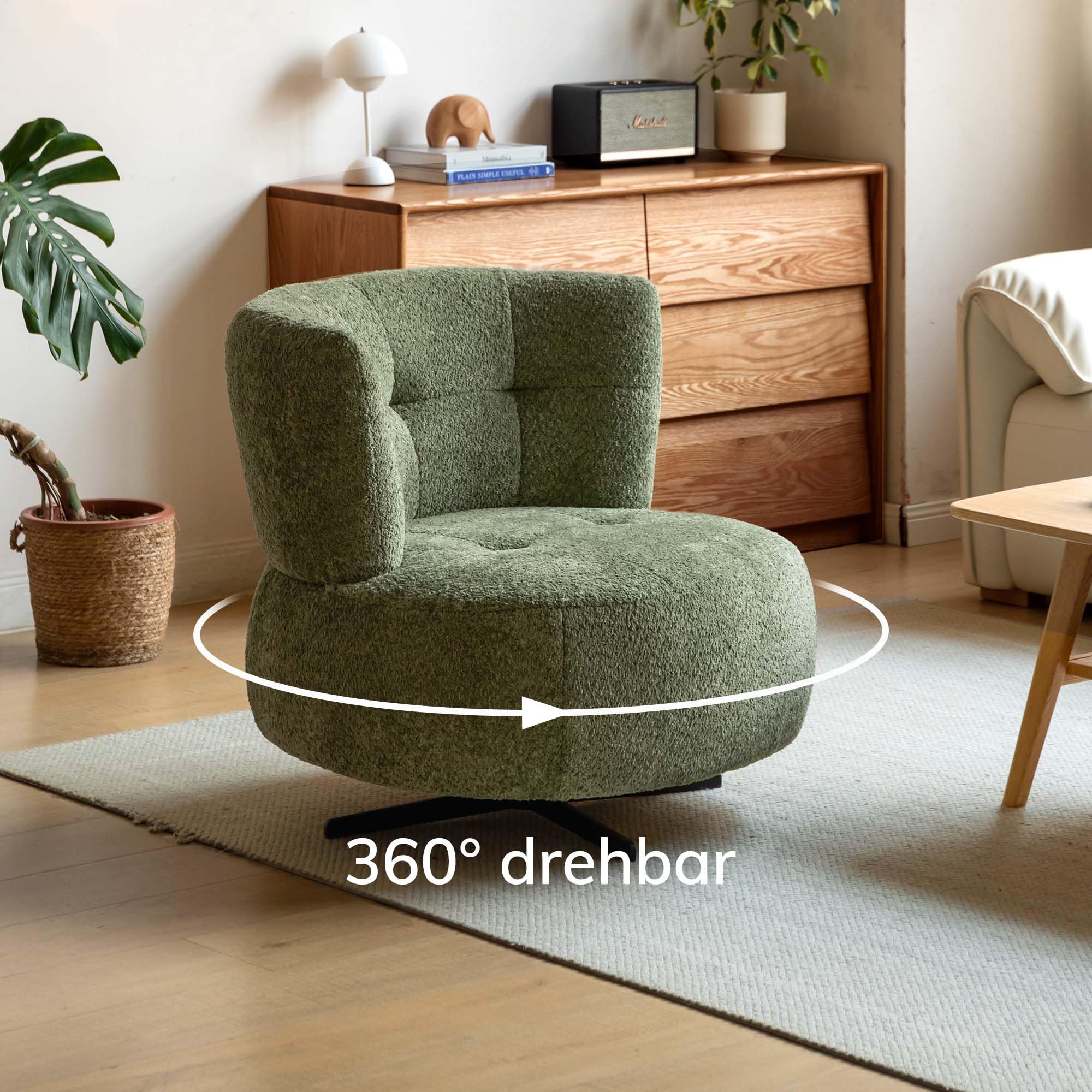 YESWOOD Einzel-Sessel - 360° drehbar, leicht & platzsparend, ideal für Wohnzimmer & Schlafzimmer, 82T x 77B x 75H cm, Bouclé-Stoff, Weihnachtsgrün