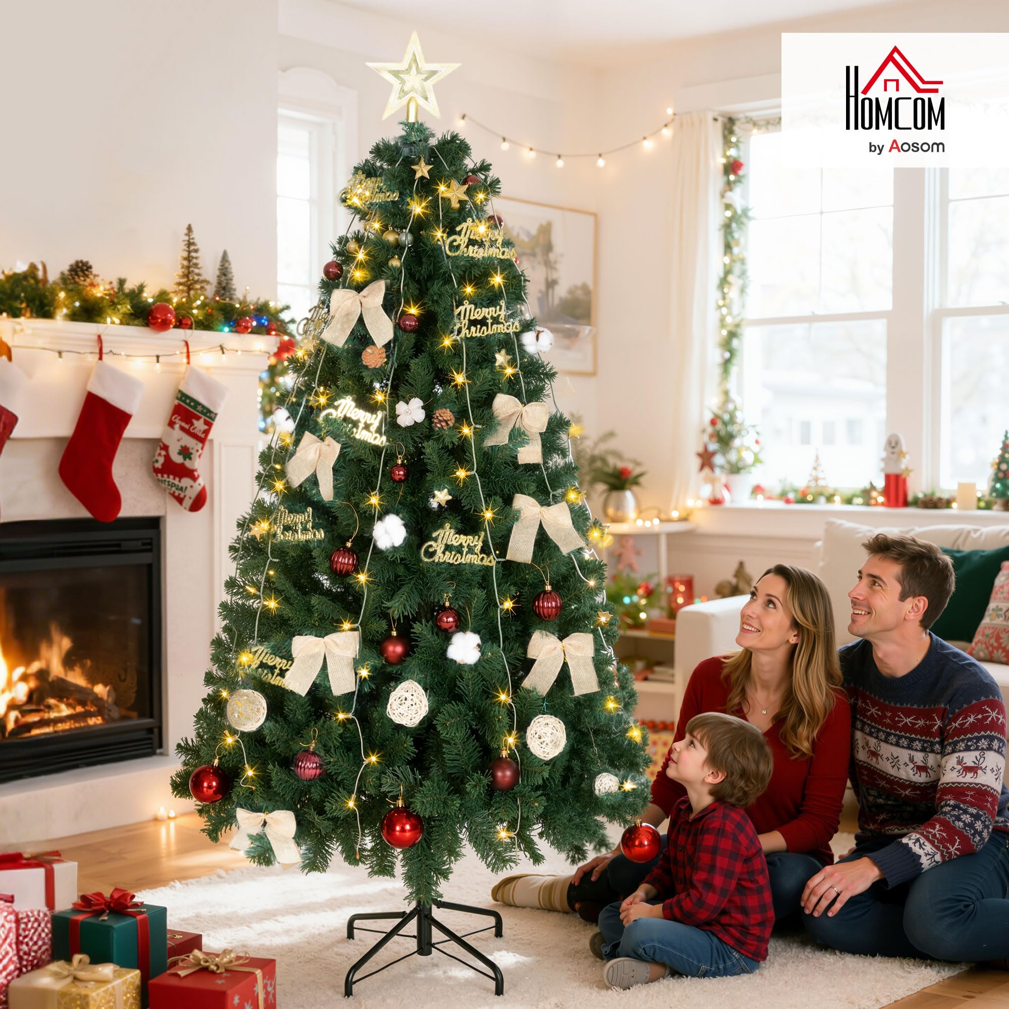 HOMCOM Árbol de Navidad Ø100x180 cm con Adornos y Estrella, 200 Luces LED, Árbol de Navidad Decorado con 8 Modos de Iluminación, 650 Ramas, Soporte de Acero, Decoración para Hogar, Fiesta, Interior