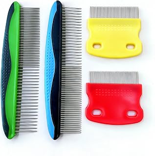 4 Pack Dog Cat Grooming Stainless Steel Comb, Pet Flea Lice Combs | with Rounded Teeth,Professional Pet Tear Stain Remover, Dematting Tool for Small, Medium & Large Pets