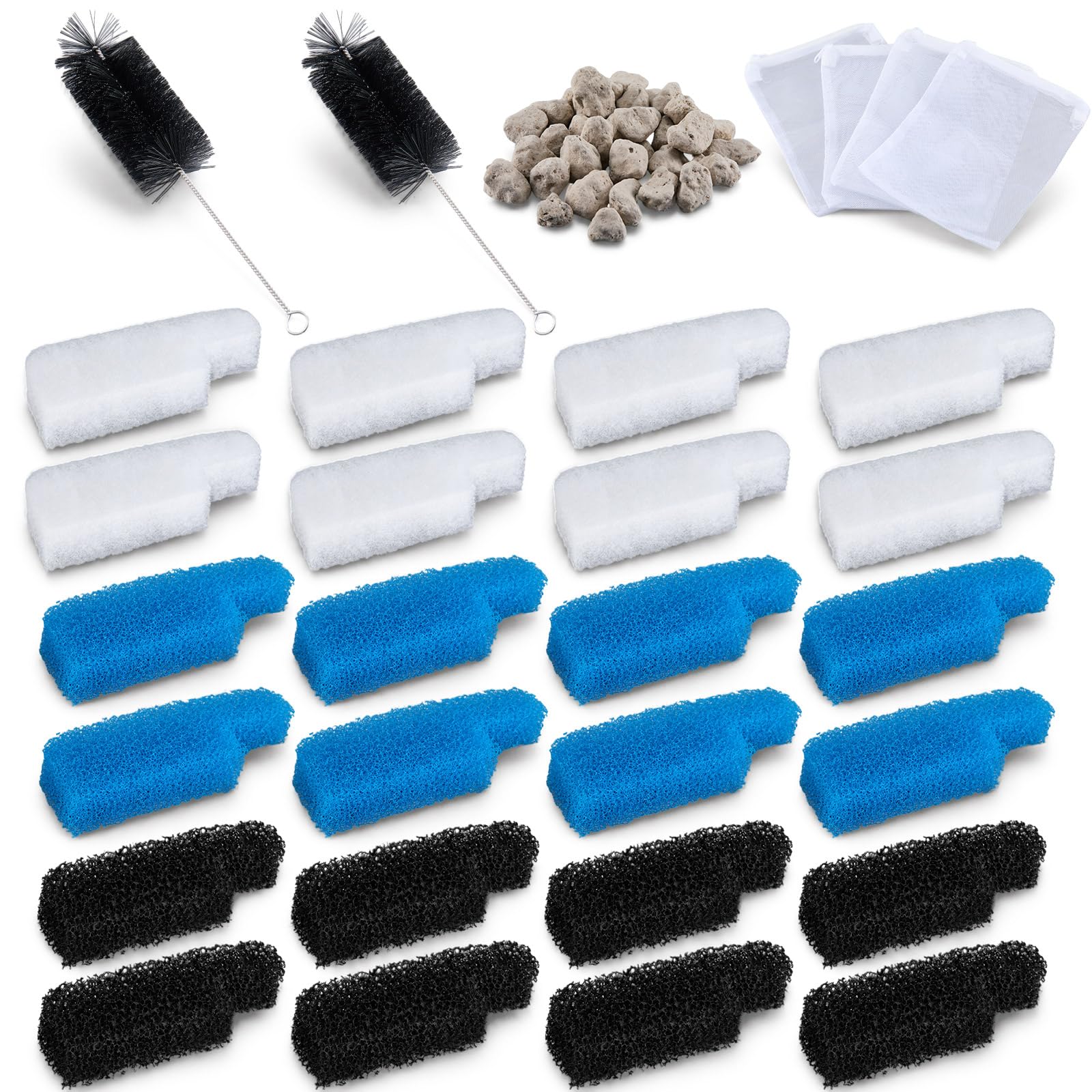 Threlaco Kit di 31 filtri compatibili con filtri elettrici Seachem Tidal da 35 galloni, spugna di ricambio per acquario a tre fasi, tampone a carbone attivo, supporti biologici con sacchetti a rete e