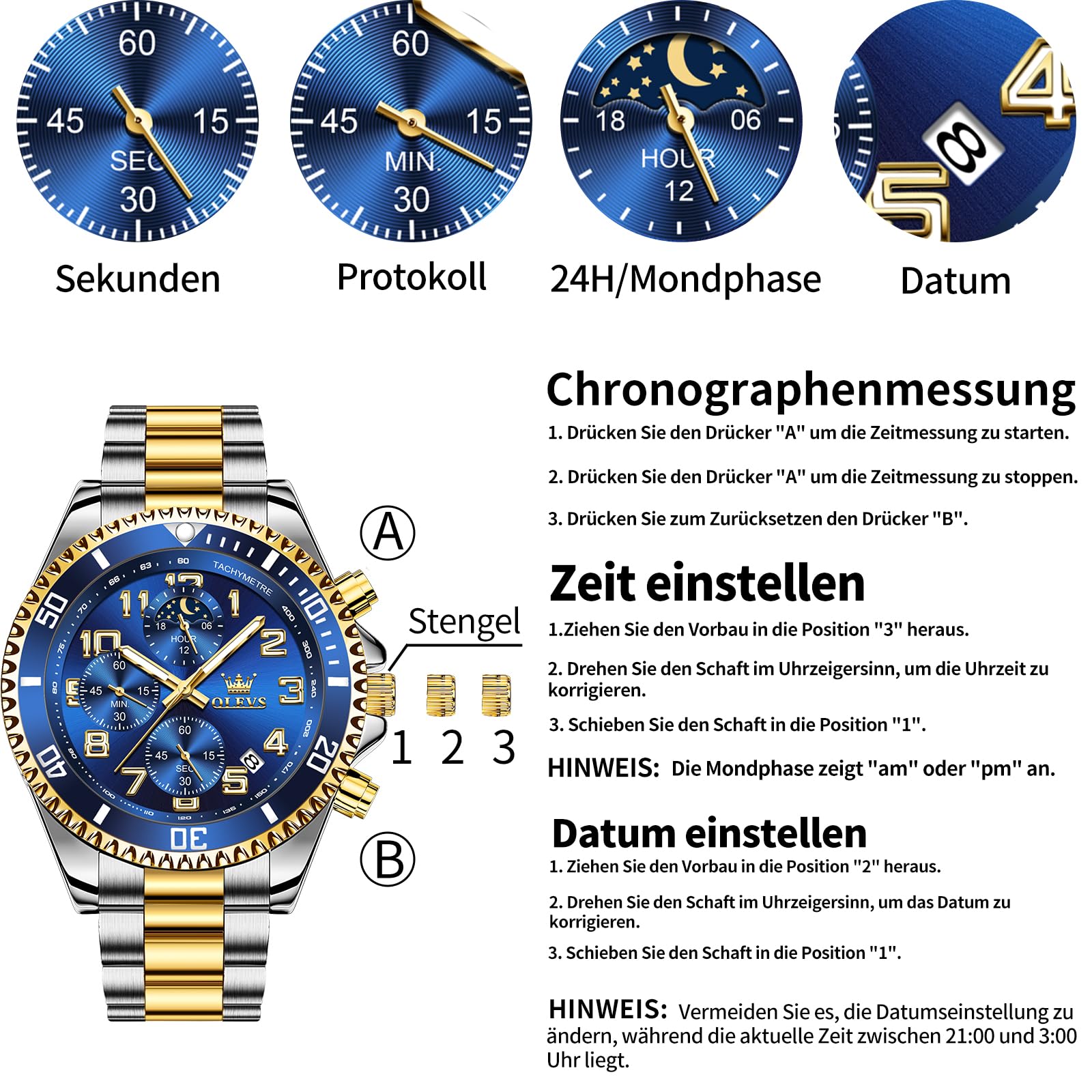 OLEVS Groß Uhr Herren Wasserdicht Leuchtend Edelstahl Mondphase Armbanduhr Herren Analog Chronograph Herrenuhren Arabische Ziffern mit Datum