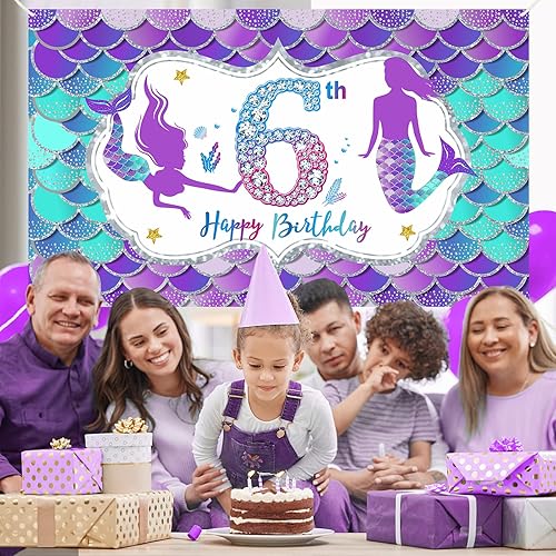 Miniatura 5 de Cartel de sirena para 6 cumpleaños para niñas, decoración con temática de sirenita de feliz 6 cumpleaños, suministros de fiesta, bajo el mar de 6