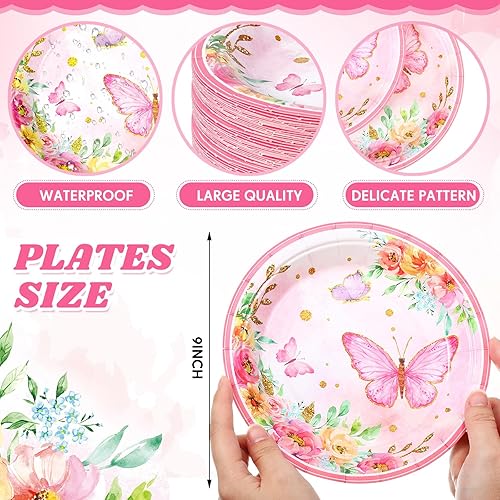 Miniatura 8 de Zopeal 60 platos de papel de mariposa de 9 pulgadas, platos de fiesta floral de primavera de mariposa, platos de cena de mariposa morada para niñas,