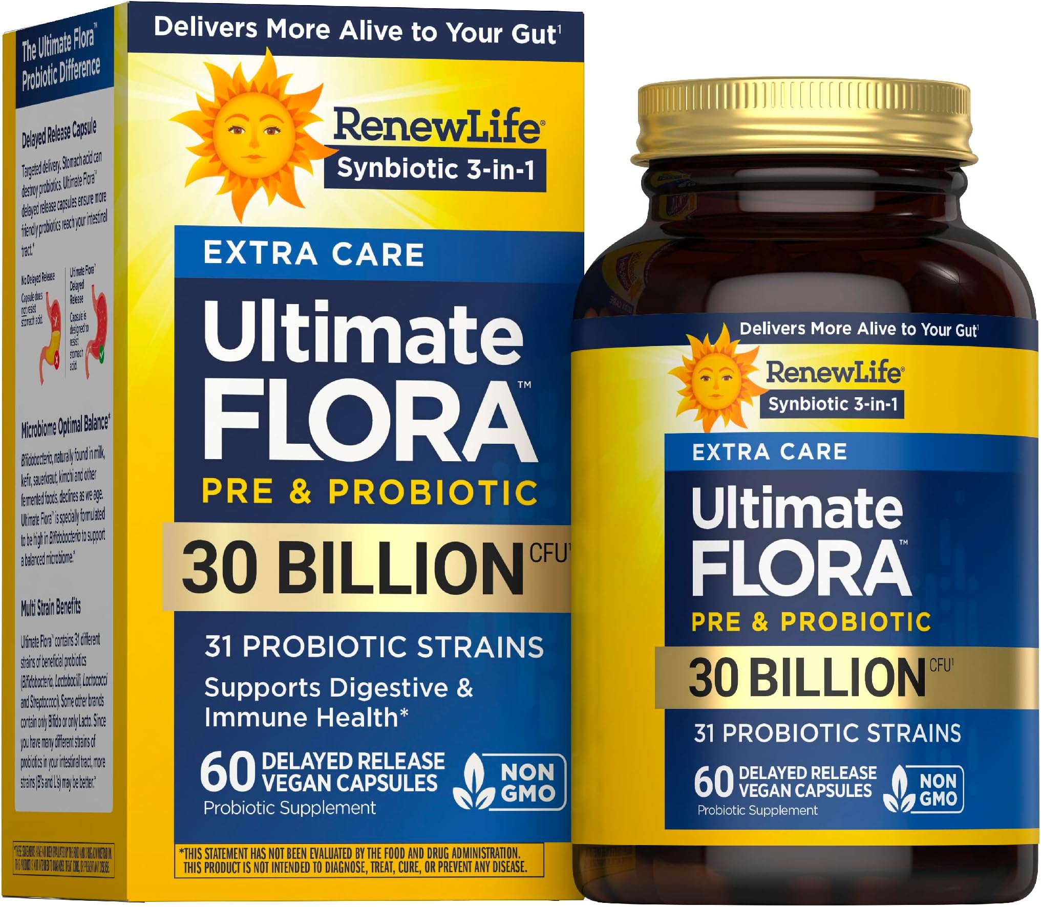 Extra Care Digestive Probiotic | 30 Billion CFU | 60 Vegetarian Capsules | Supports Digestive, Immune & Respiratory Health | Dairy, Soy and Gluten-Free Supplement