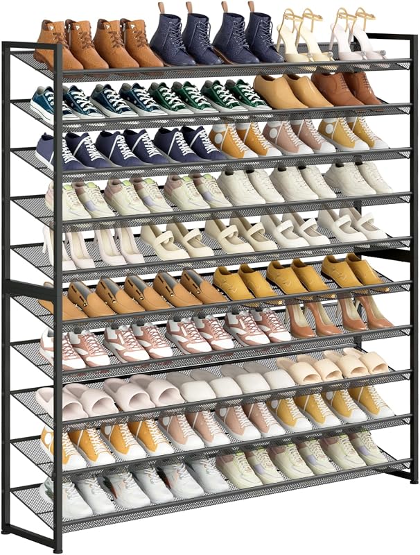 Large Shoe Rack 10 Tier Shoe Organizer, Heavy Duty Metal 5-Tier Stackable Shoe Storage Vertical Shoe Rack for Closet Front Door Entrance, Up to 62 Pairs, 44.8" W x 11.4" D x 71.2" H, Black