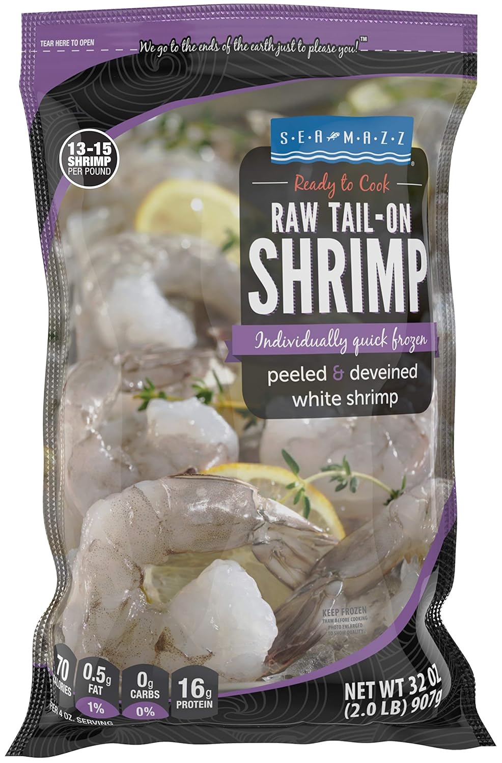 Seamazz 13to 15 Peeled and Deveined Tail On Raw White Shrimp, 2 Pound - 10 per case.