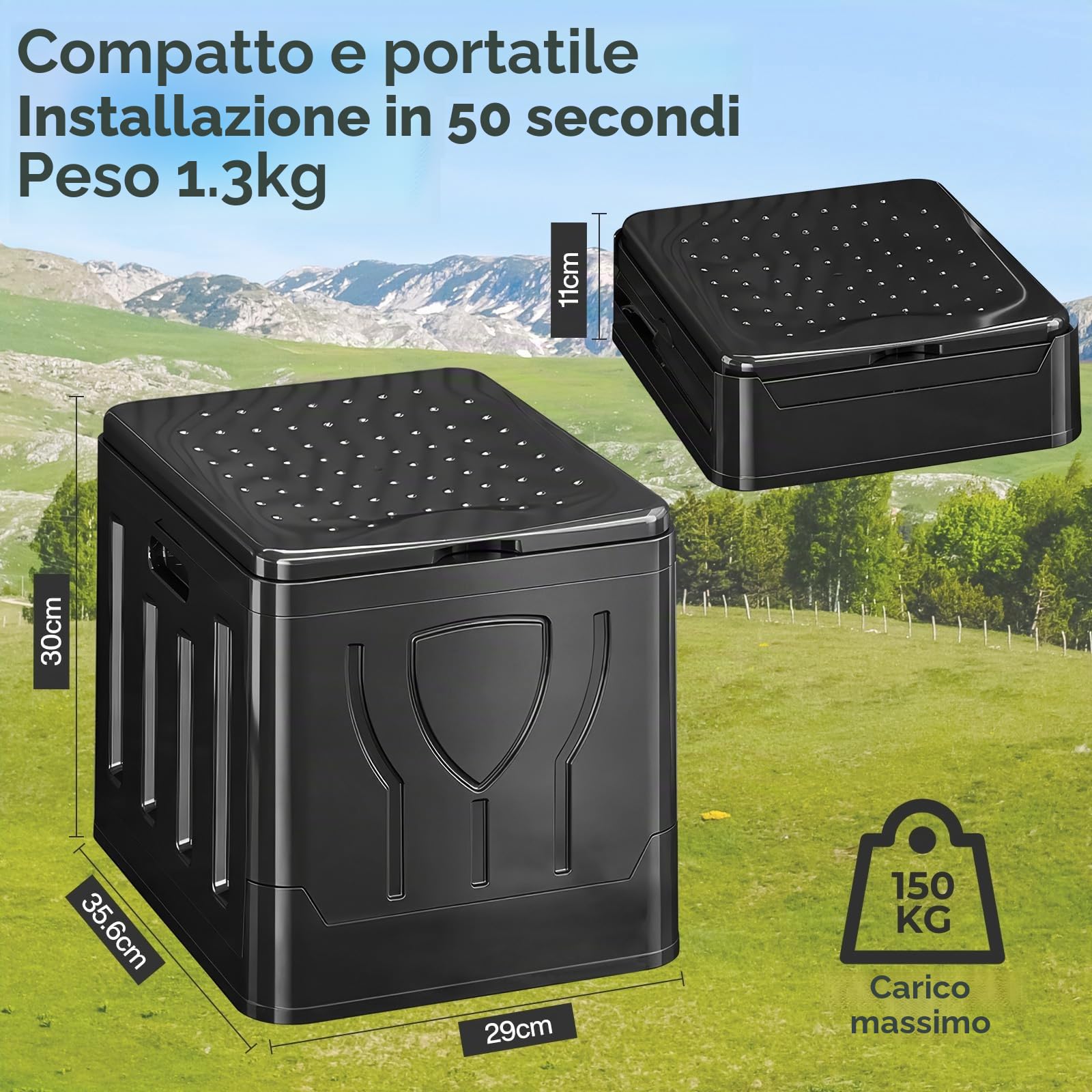 WC Portatile Pieghevole 20L con Sacca, Sacchetti e Sedile – WC da Campeggio Chimico per Adulti, Cesso Portatile per Camper, Viaggi, Emergenza, Bagno Esterno Compatto (Nero)