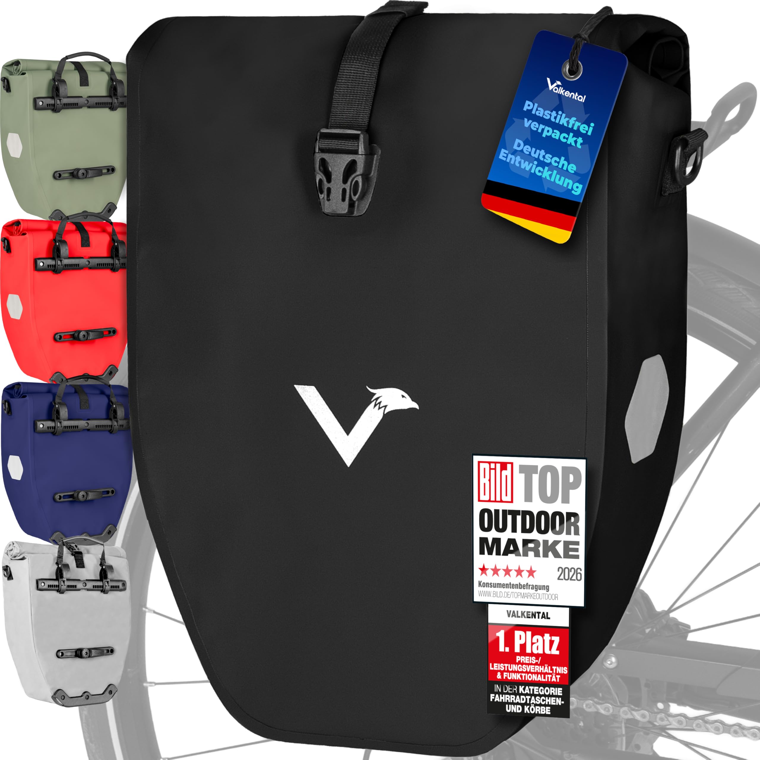 Valkental Große & wasserdichte Gepäckträgertasche - Fahrradtasche für Gepäckträger mit großen Reflektoren [Abschließbar] Bombenfester Sitz - Mehrfach ausgezeichnet - Gefertigt für Langlebigkeit