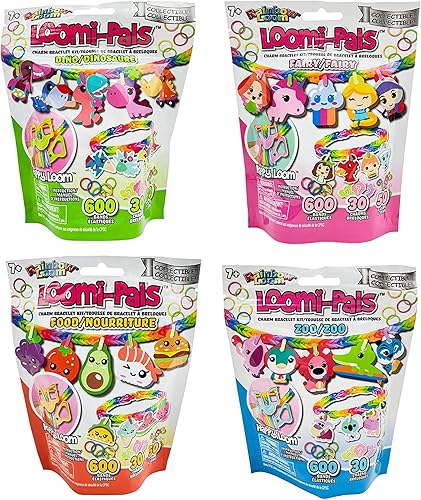 Rainbow Loom Loomi-Pals - Paquete de 4 coleccionables Zoo, Dino, Hada, Comida, 4 bandas de goma para bricolaje, diseño y creación, a partir de 7