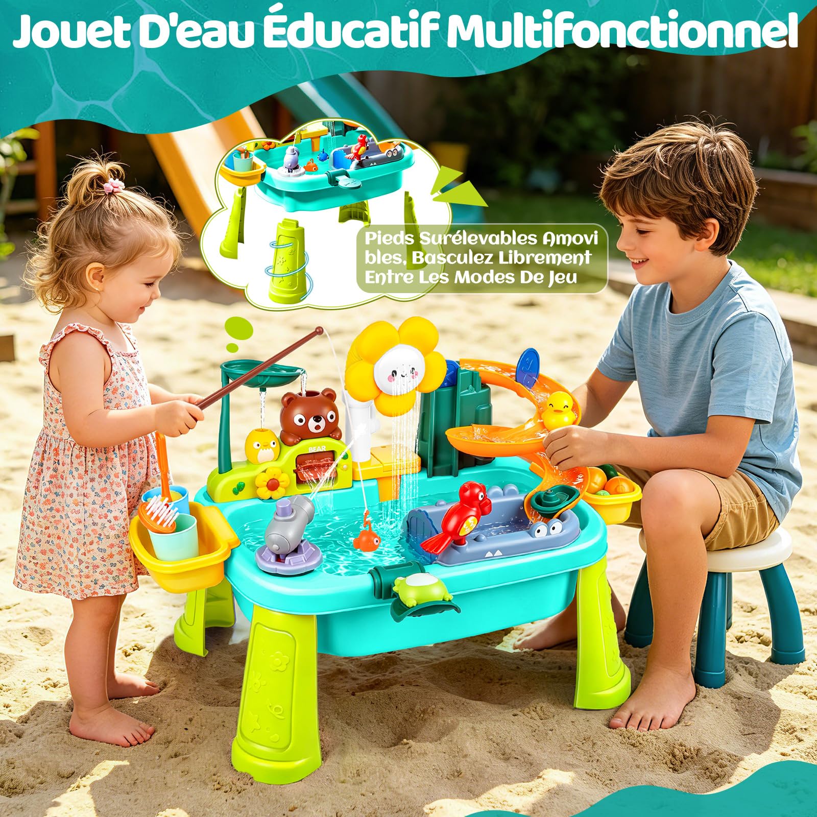 Jouet D'évier de Cuisine, Table Eau Enfant Exterieur, Jeu d'eau Enfant avec Circuit Eau, Évier Jouet avec Robinet Électrique Légumes et Jouets de Pêche pour Garçons et Filles 3+ Ans (Bleu)