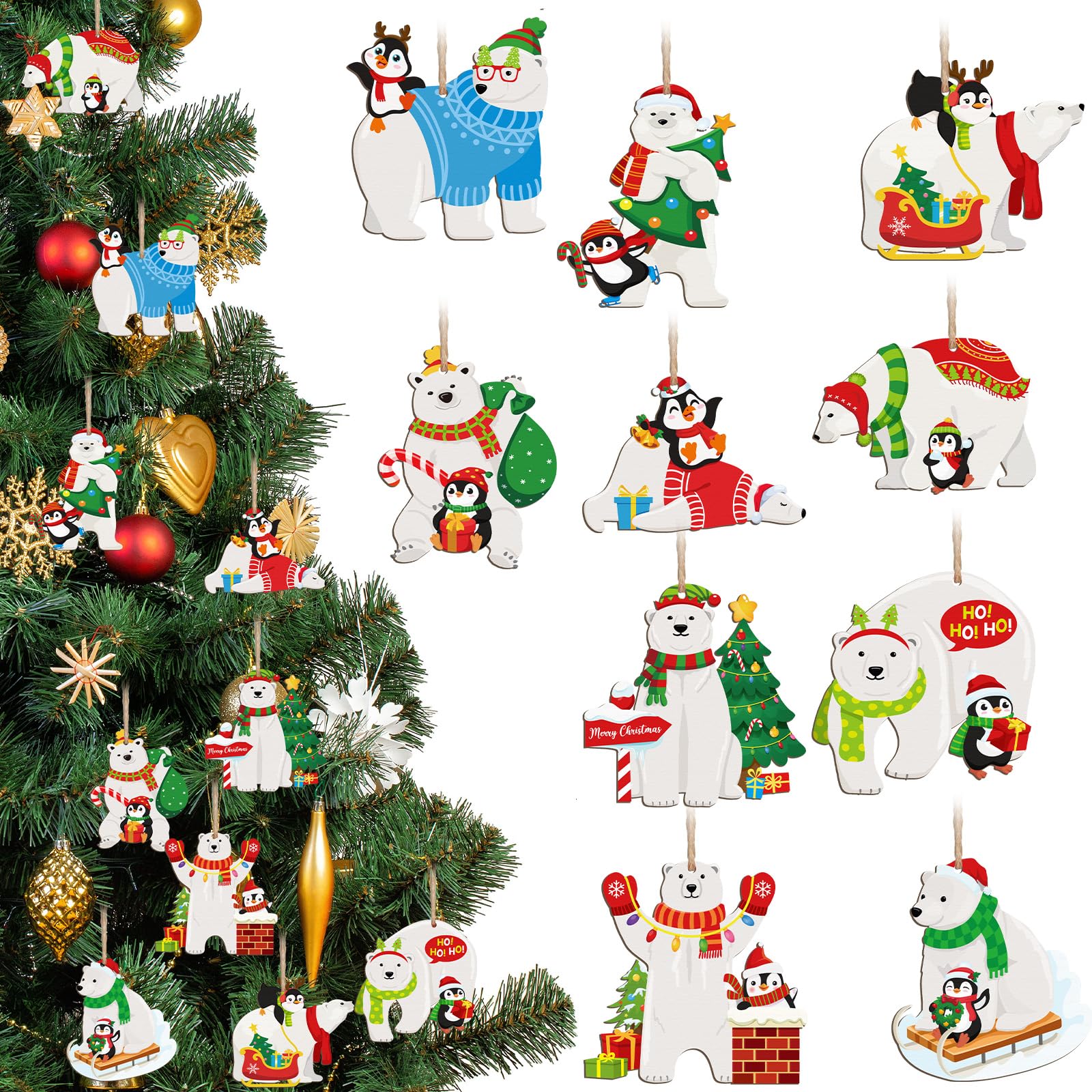 Tiamon 20 Pcs Christmas Wooden Ornaments for Tree Christmas Hanging Decoration Assorted Puppy Dog Cat Cow Bear Cardinal Birds Christmas Tree Ornament