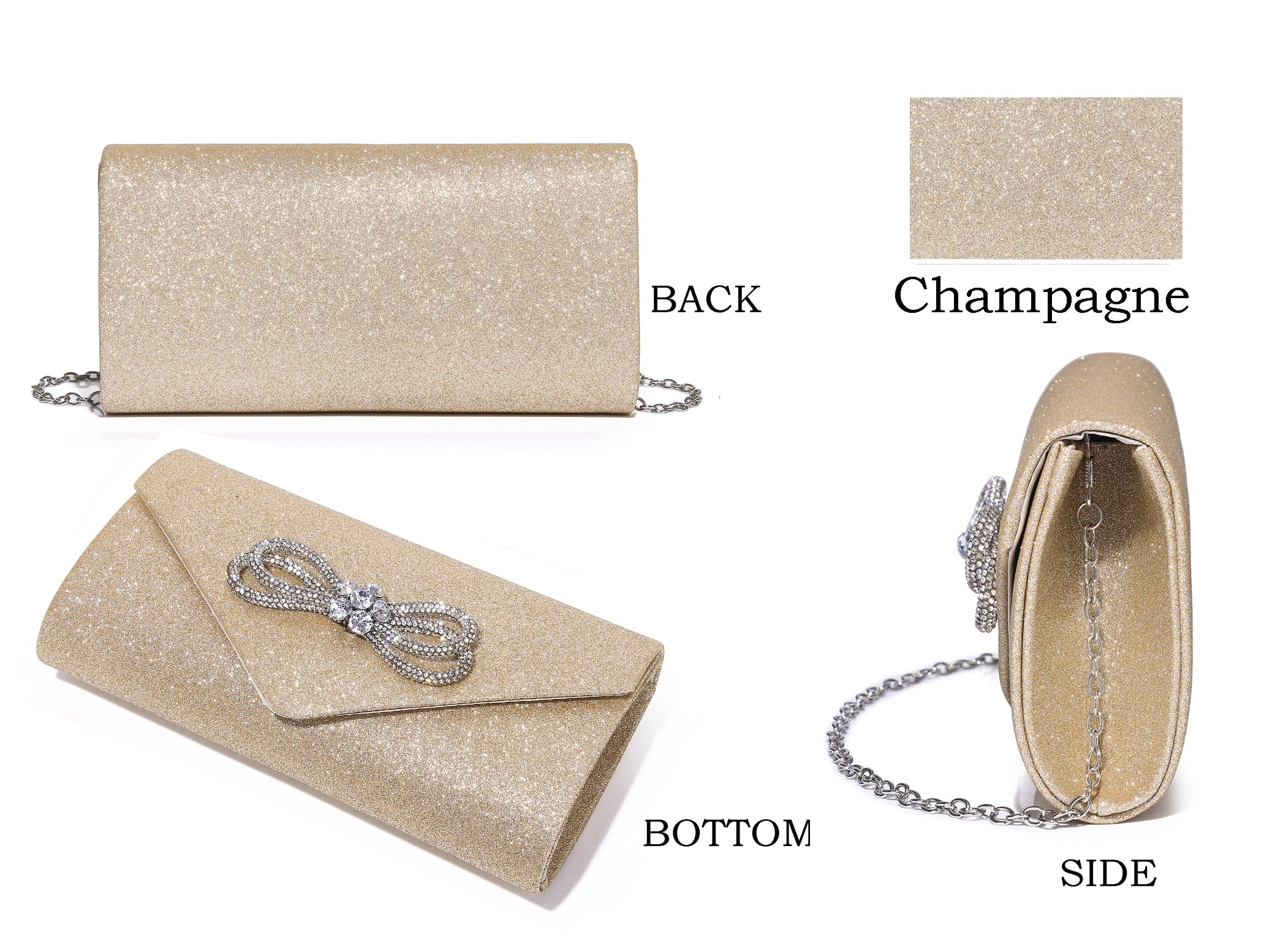 MUDUO Womens Evening Bag Sparkly Bow Clutch Purse Wedding Party Purses Glitter Rhinestone Cocktail Prom Handbags (Champagne)