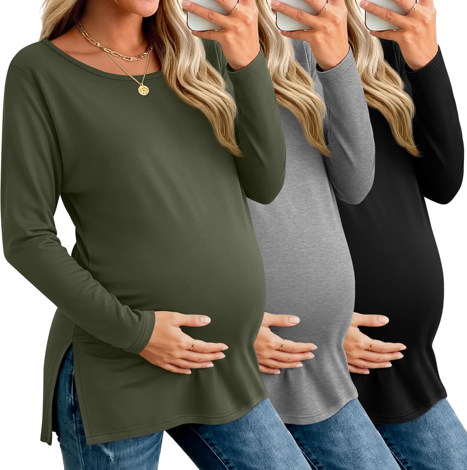 Riyiper 3 Pack Women's Maternity Long Sleeve T-Shirts Round Neck Side Split Tops Loose Casual Pregnancy Mama Clothes Fall