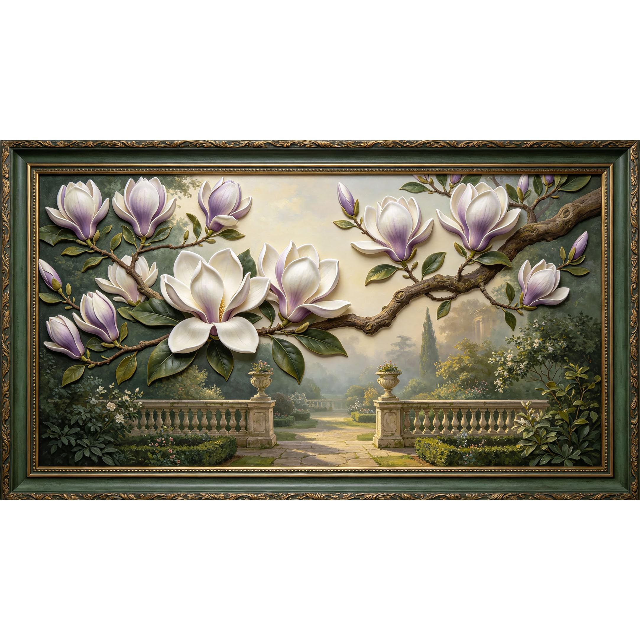 QZLITHOTIC 50x90cm3D Framed Wall Art， Botanical Magnolia Blossom Garden Landscape Self‑Adhesive Mural， Water‑Activated Peel & Stick Fabric Decor Wall Decal for Bedroom Living Room