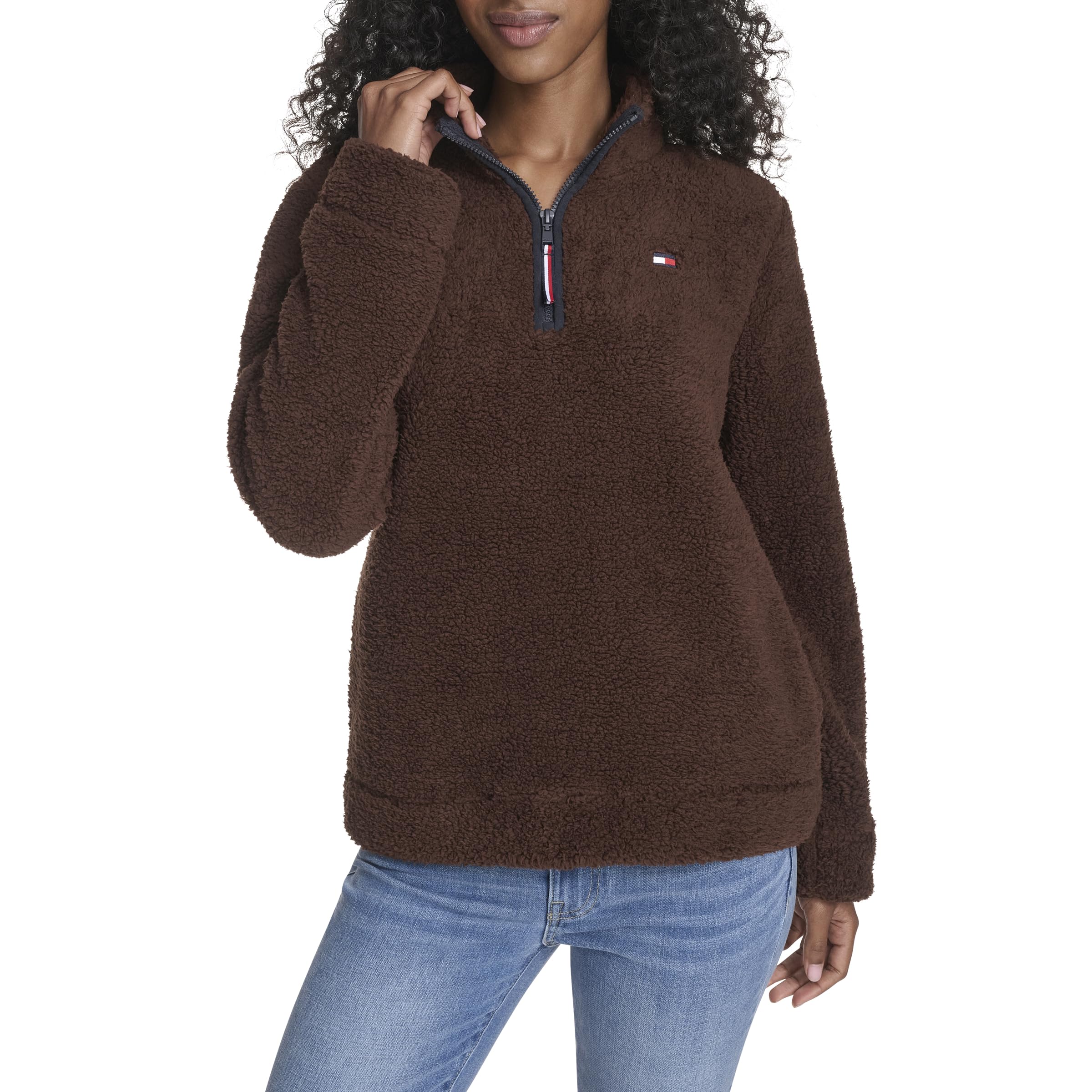 Tommy Hilfiger Women's 1/4 Zip Mockneck Sherpa Soft Pullover, Chicory, XL