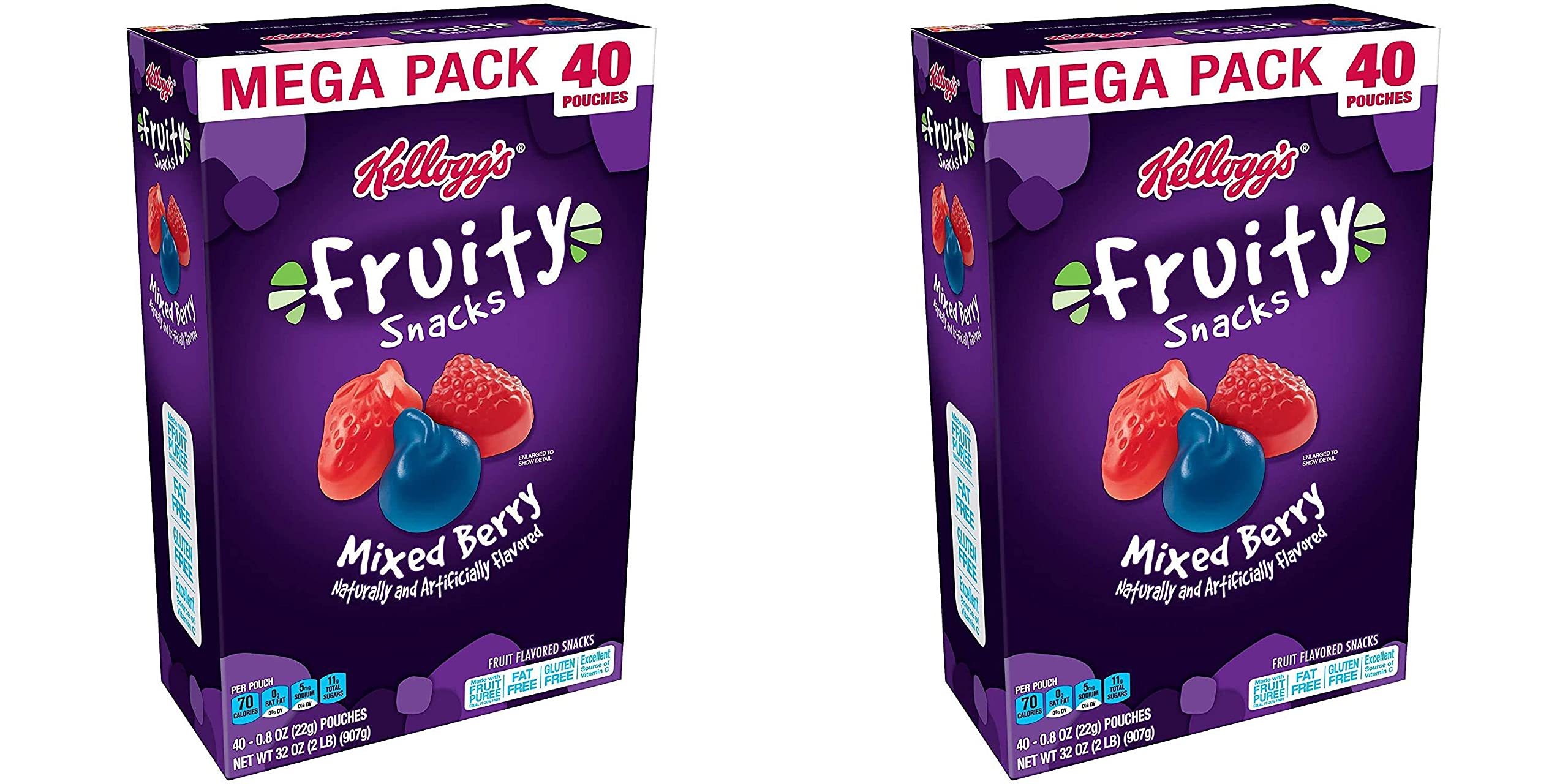 Fruity Snacks, Mixed Berry, Gluten Free, Fat Free, 32 Oz (40 Pouches) Pack of 2