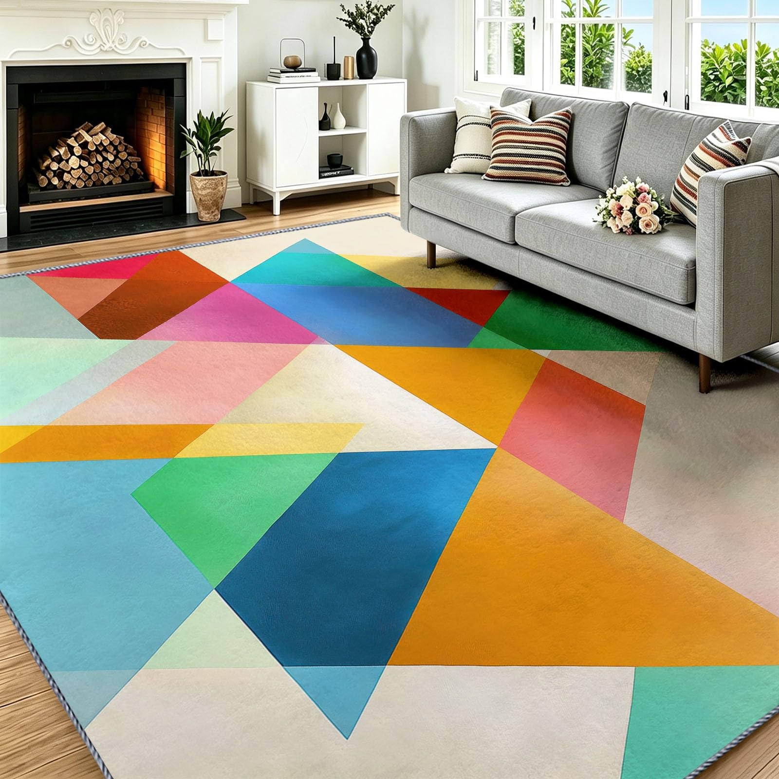 Tapis antidérapant color-block lavable et graphique pour salon