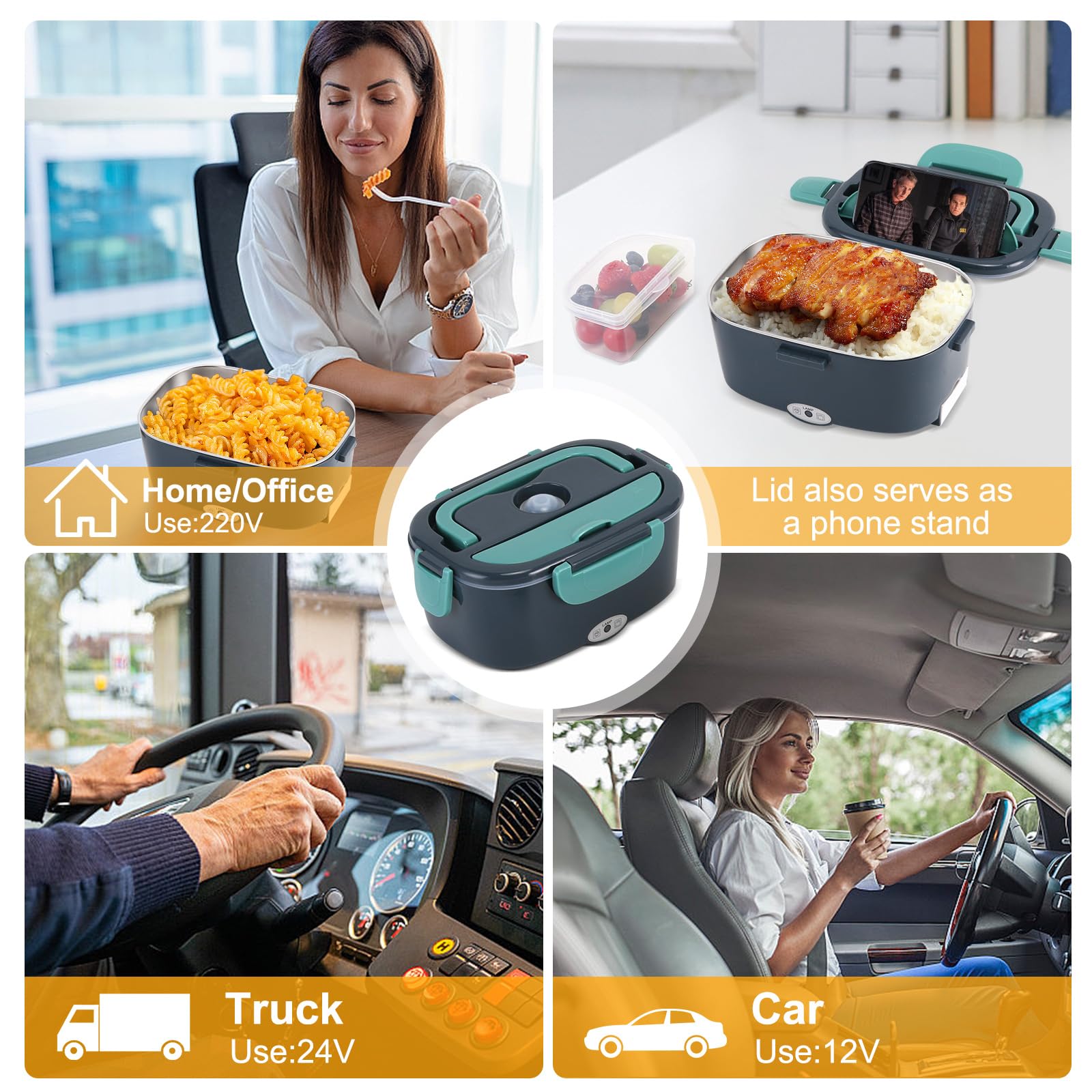 Lunch Box Chauffante Gamelle 80W 1.5L Boite Repas Allume Cigare Electrique 12V/24V/220V Camion Tuperwear Réchauffe Plat Chauffe Voiture Bento Rapide Heat Thermos qui Garde Chaud Heatbox Micro Onde