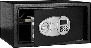 Amazon Basics Steel Security Safe and Lock Box with Programmable Electronic Keypad, for Valuables, Cash, Jewelry, Documents, Black, 1 Cubic Foot, 16.9-x-14.6-x-9.1-inches (WxDxH)