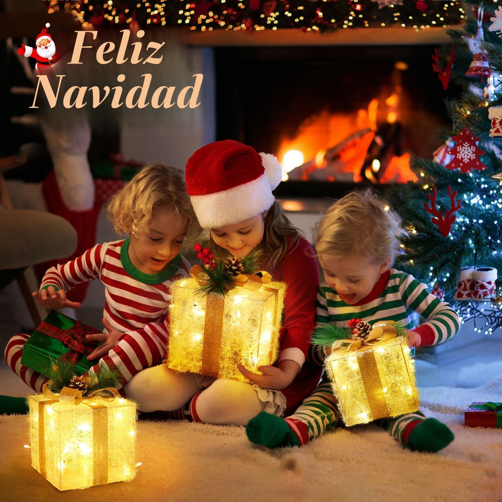 Quntis Juego de 3 Cajas de Regalo Luces de Navidad, Cajas de Luz Decoración | 60LED Cajas de Iluminación Navideña para Árbol de Navidad/Escaparate/Hogar/Fiesta/Boda/Habitación Infantil, Interior/Exterior