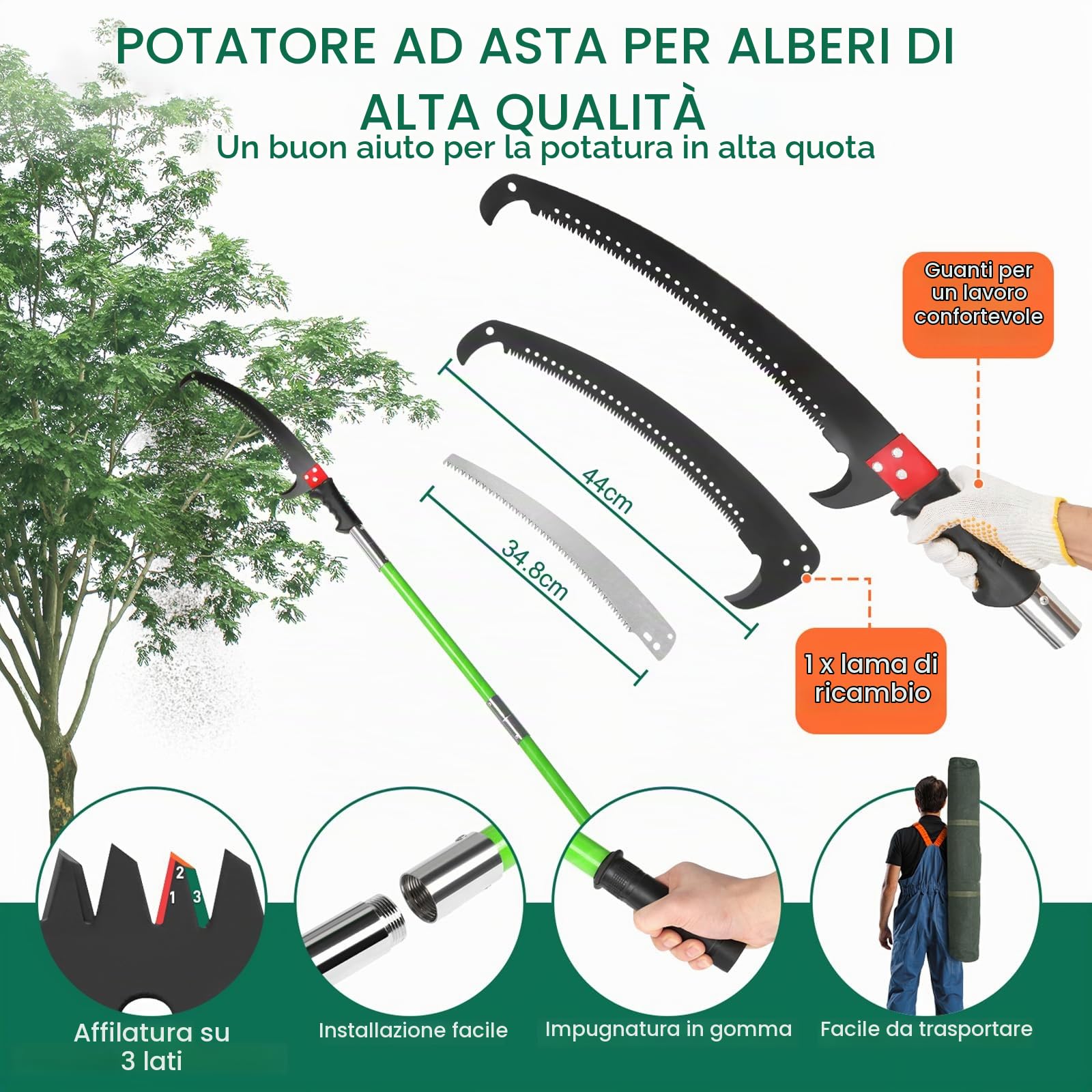 LEADZM Sega per potatura telescopica 2-7,3 m Sega a asta estensibile Lama in acciaio affilata con 7 pali in fibra di vetro forbici taglio rami alti per potatura palme arbusti