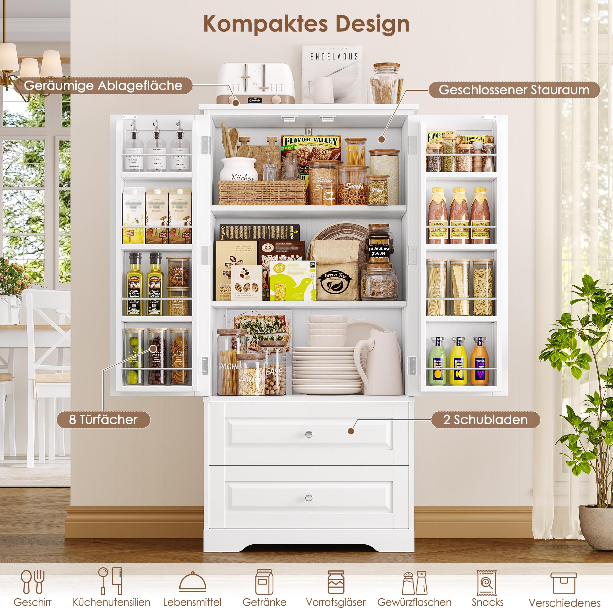 FOREHILL Küchenschrank Vorratsschrank mit 2 Schubladen und 8 Türregalen | Buffetschrank Mehrzweckschrank mit 2 Türen, für Küche, Esszimmer, Badezimmer und Wohnzimmer, 60 x 40 x 120 cm, Weiß