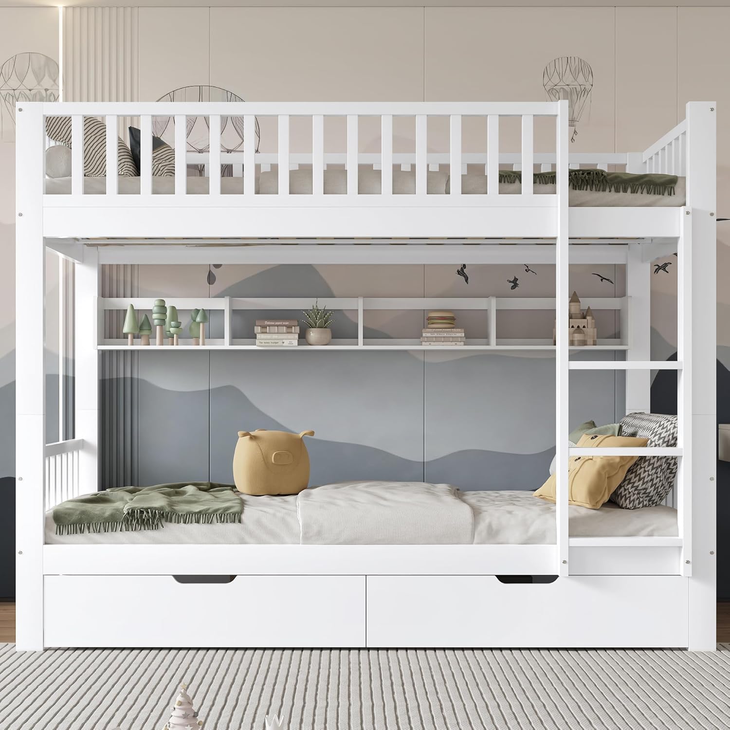 literas: Children's Bed, Bunk Bed for Children 90 x 200, Double Bunk Bed with 2 Drawers and Ladder, Converts into Two Single Beds, Loft Bed with Fall Protection and Box Spring, White, Without Mattress