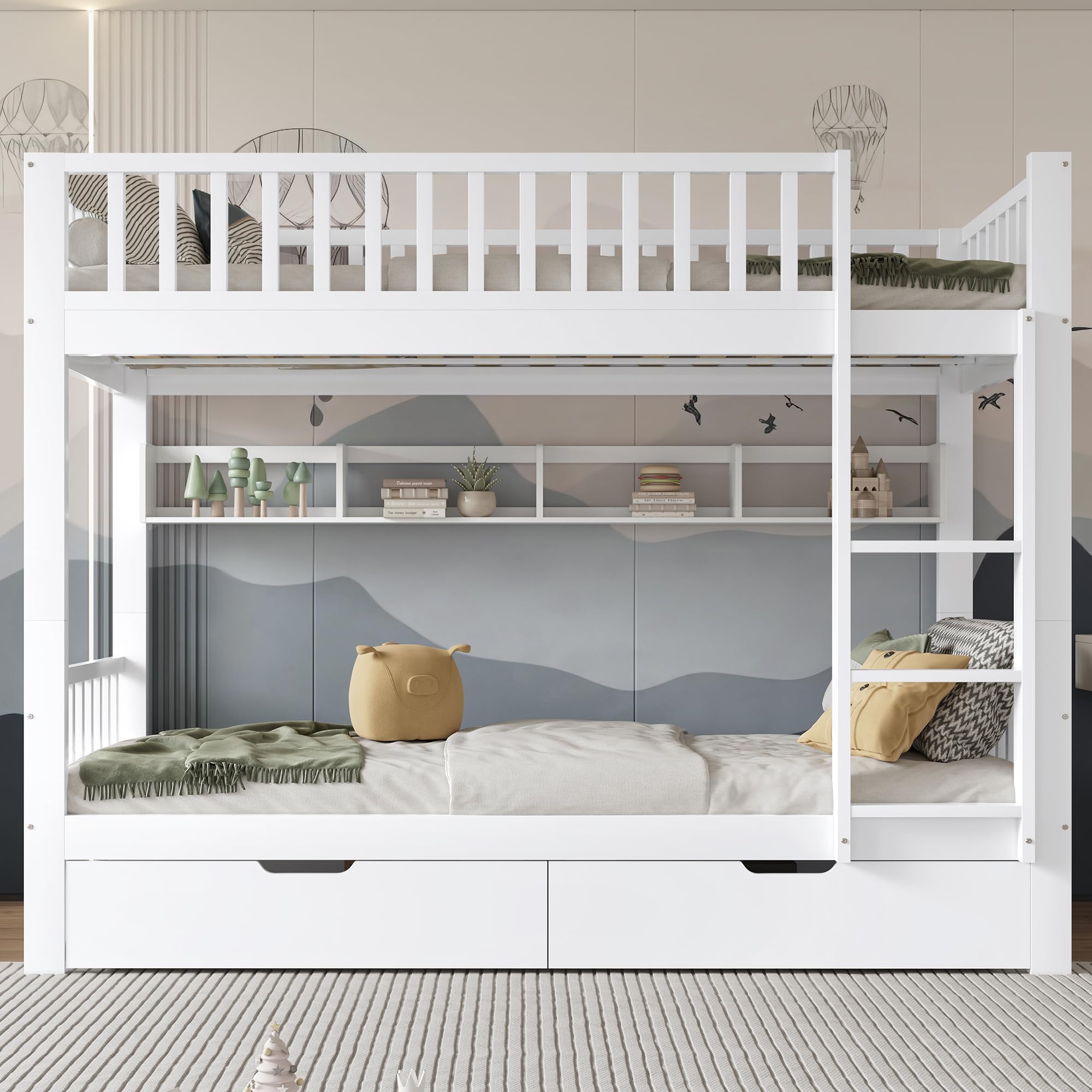 Oyemige Letto a Castello 90x200 cm, Letto per Bambini con 2 Cassetti, Letto Matrimoniale con Parapetto e Scala Ad Angolo Retto, Struttura In Pino, con Parapetto, Rete a Doghe, Bianco, Senza Materasso