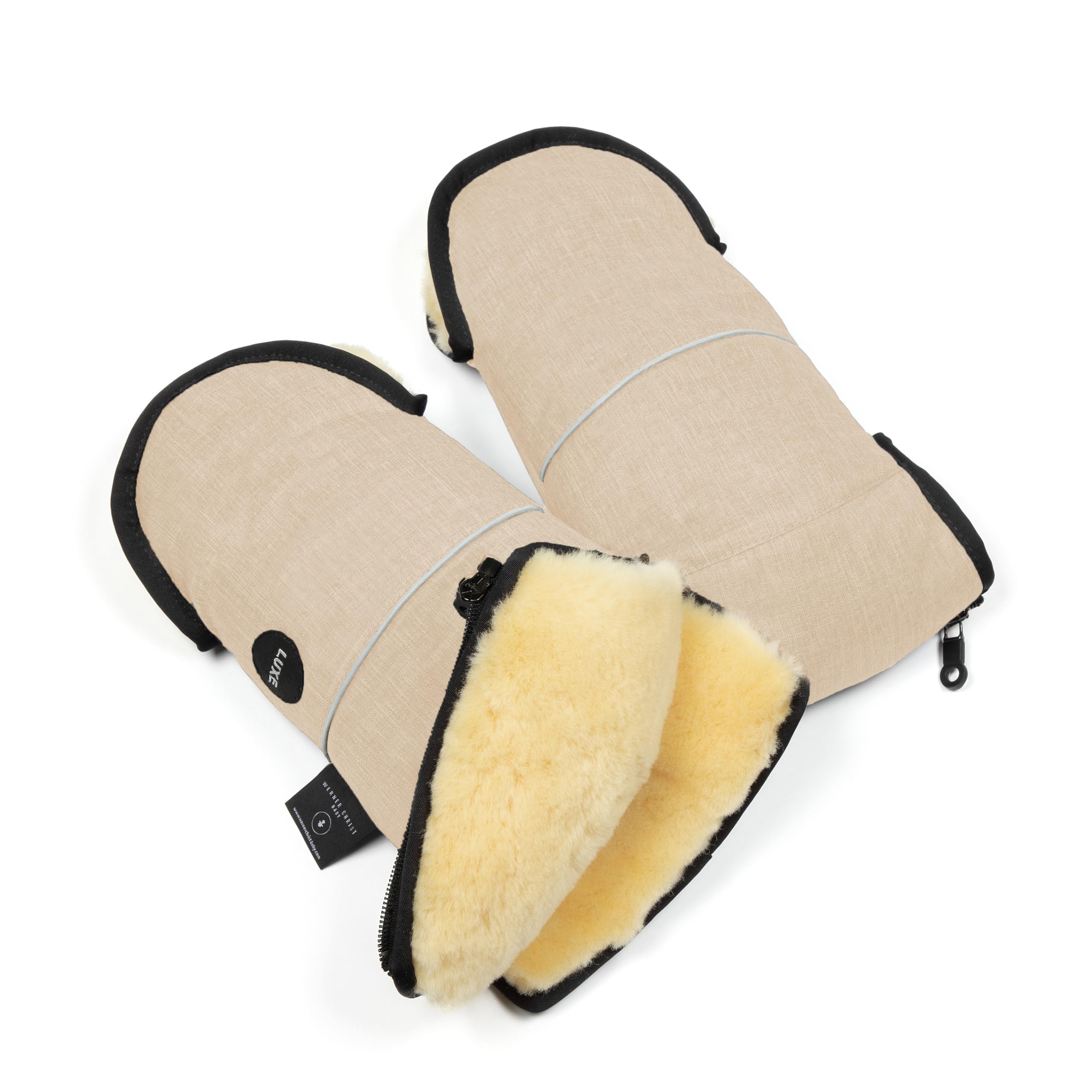 Guantes de piel de cordero de Werner Christ Baby – Los guantes Glovy Luxe son el manguito ideal para cochecito de bebé de piel médica, cálido manguito universal e impermeable, color beige