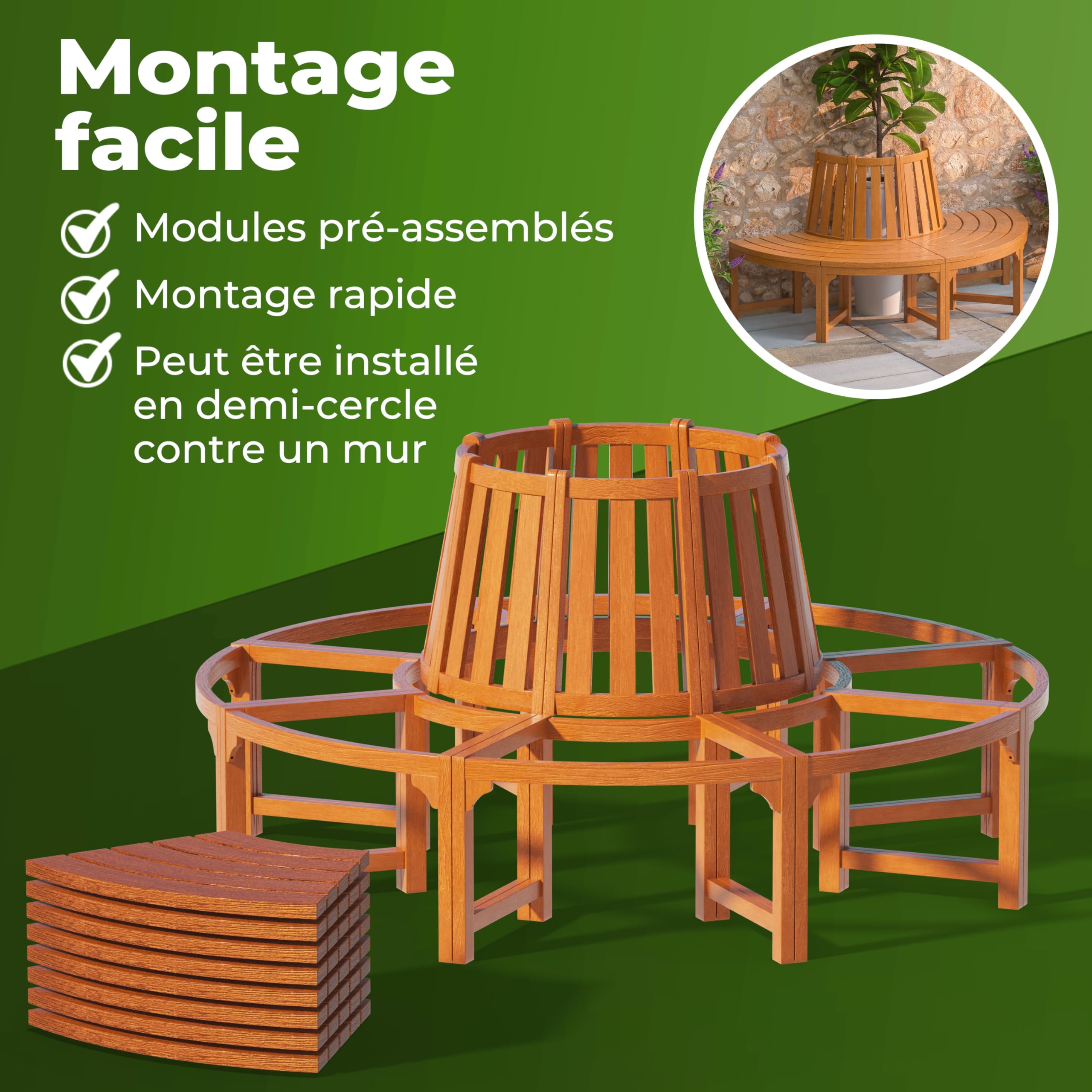 Banc de jardin tour d'arbre [Jardin] | Bois d'eucalyptus certifié FSC, diamètre de 190cm, résistant aux intempéries, design intemporel