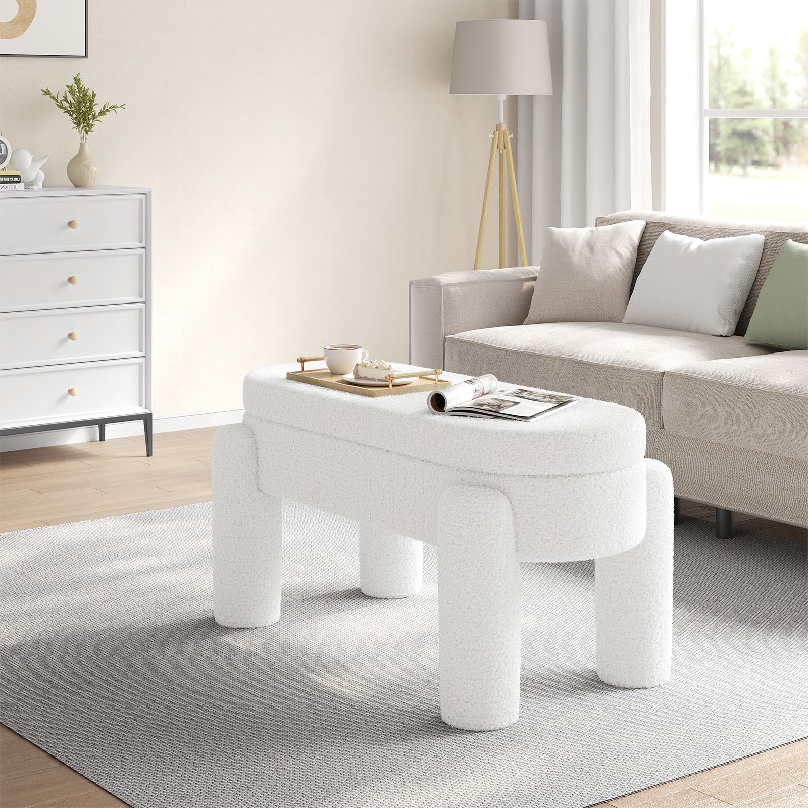 WOLTU Banc de Rangement Rembourré en Tissu Polaire Teddy, 114x47x53 cm, Banquette Lit pour Chambre Salon Couloir Entrée, Charge Maxi. 250 kg, Moderne, Blanc