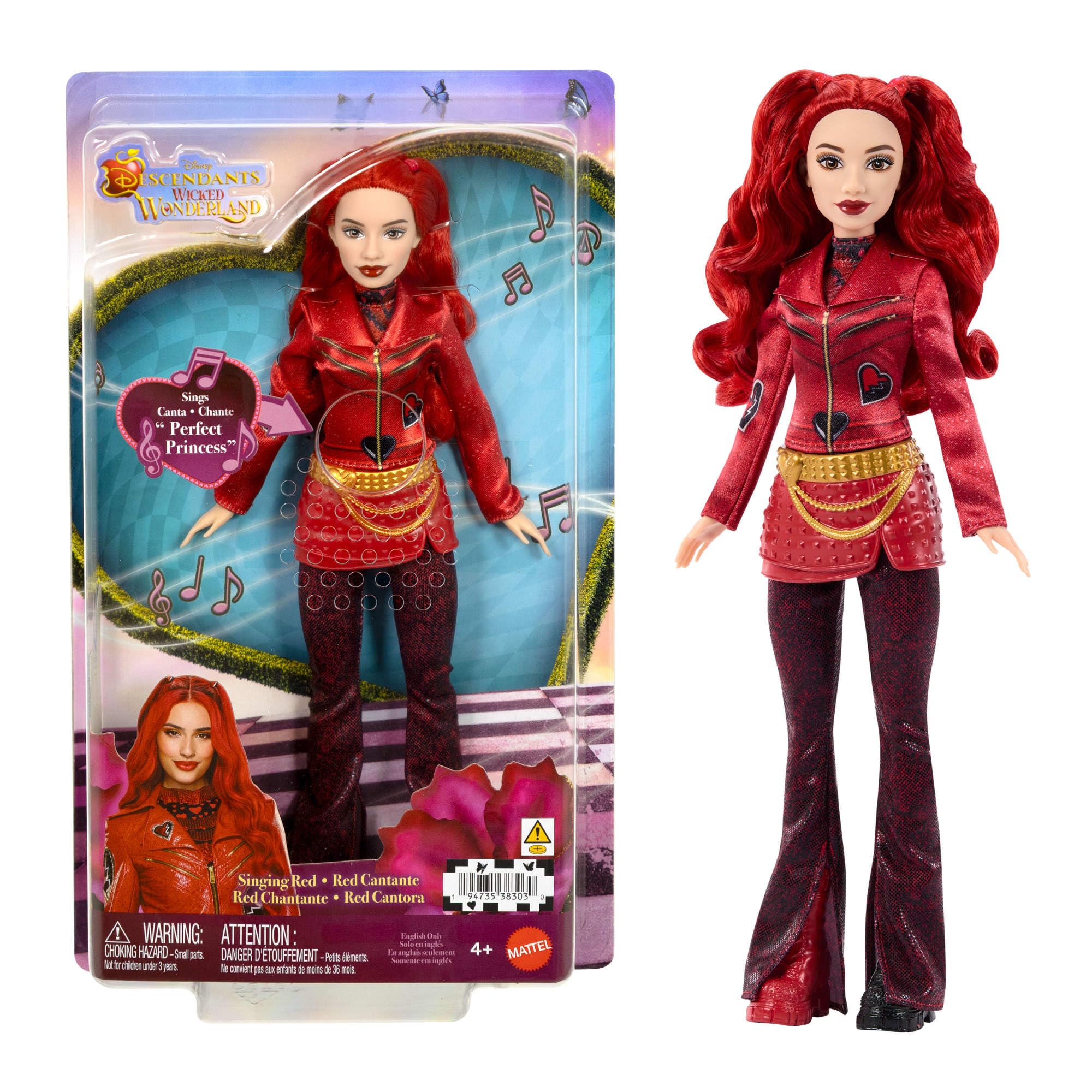 Mattel Disney Descendants: Wicked Wonderland - Red la Ribelle Reale, bambola cantante con abito ispirato al film, premendo sul busto canta "Perfect Princess" in inglese, JMP52 | La bambola canta “Perfect Princess” in inglese e indossa il suo outfit iconi