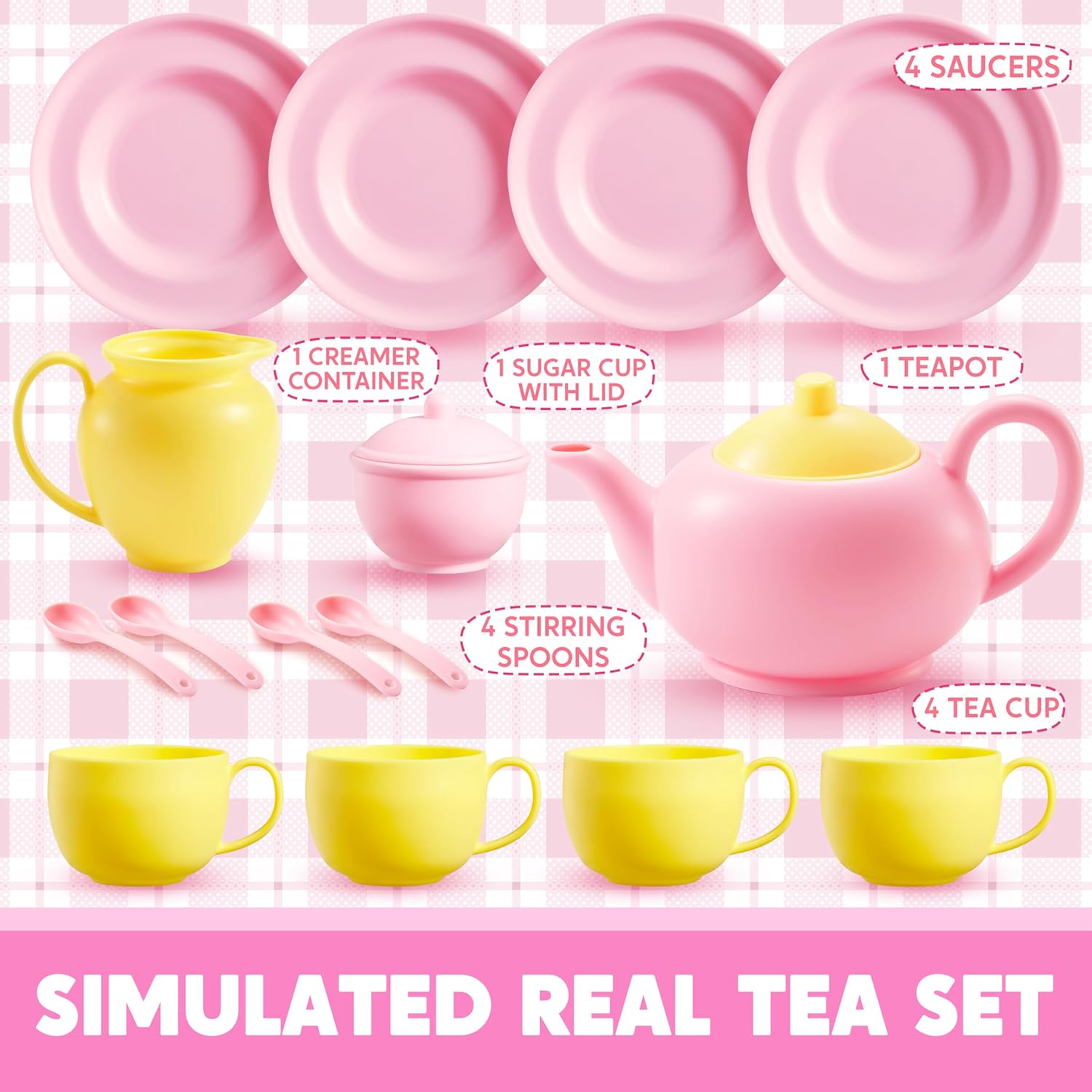JOYIN 18PCS Pretend Tea Party Set, Pink Plastic Tea Set, Mini Kitchen for Kids, Gifts for Toddler Boys Girls, Easter Birthday Gifts
