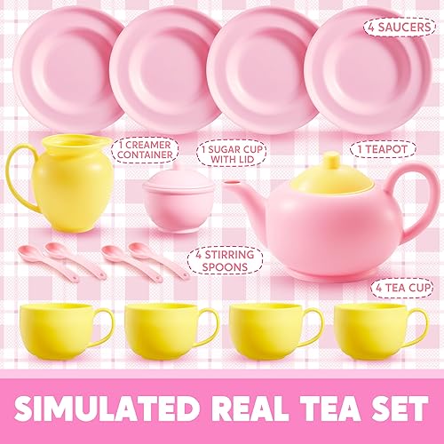 Miniatura 2 de JOYIN Juego de 18 piezas de fiesta de té de simulación, juego de té de plástico rosa, mini cocina para niños, regalos para niños pequeños, regalo