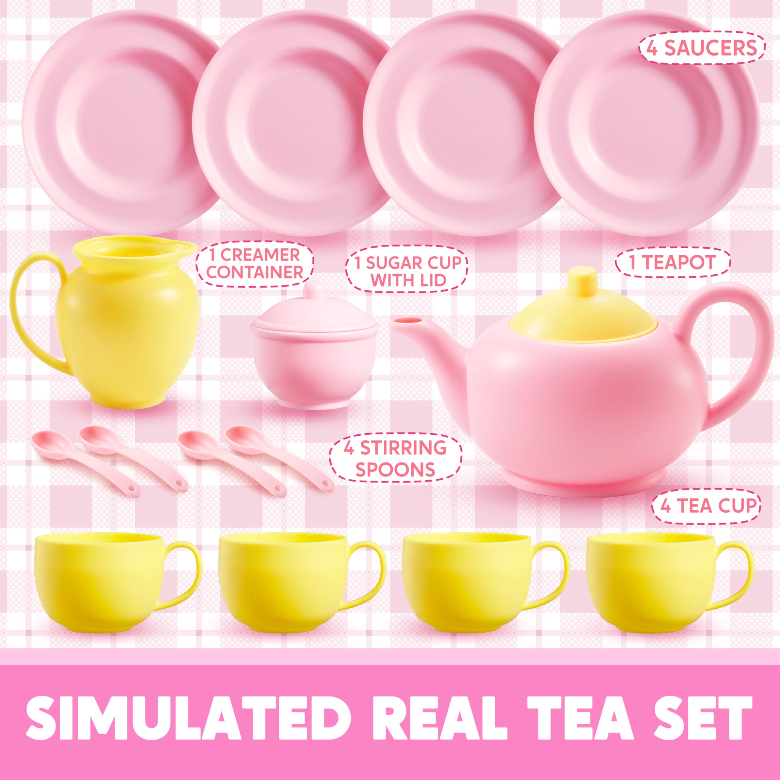 JOYIN Juego de 18 piezas de fiesta de té, juego de té de plástico rosa, mini cocina para niños, regalos para niños y niñas de 3, 4, 5, 6 años