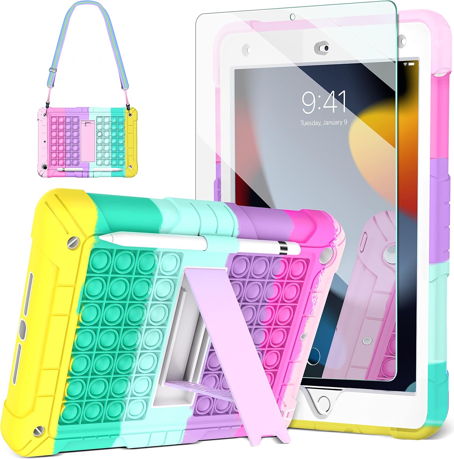 iPad 9th/8th/7th Generation Case 10.2 with 9H Tempered Glass Screen Protector Pencil Holder Kickstand&Shoulder Strap for Kids| Ambison Push Popit Fidget Case for iPad 10.2 inch 2021/2020/2019-Pink Pink+Glass Screen Protector