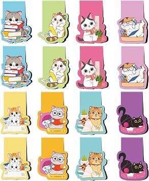 Cute Cat Magnetic Bookmarks 16 Pcs Cute Cartoon Cat Magnet Book Page Markers Animal Bookmark Clips for Reading, Gifts for Kids Students Women Book Lovers Office School Supplies