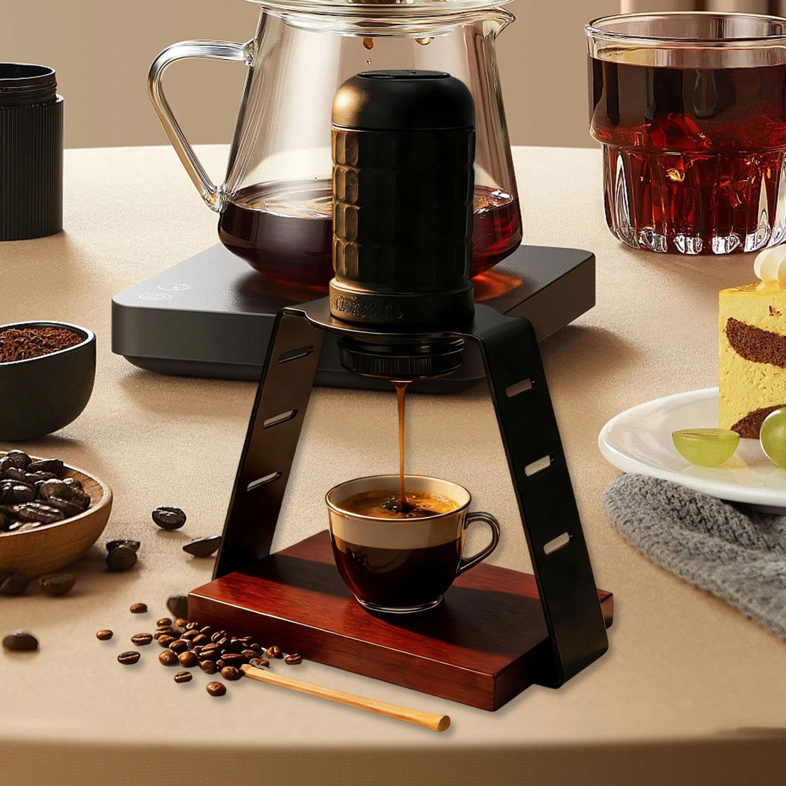 rockible Soporte para Máquina de Café Base Ligera Soporte Versátil con Accesorio Portátil Composición Acero Carbono y Madera Adecuada para Oficina Camping