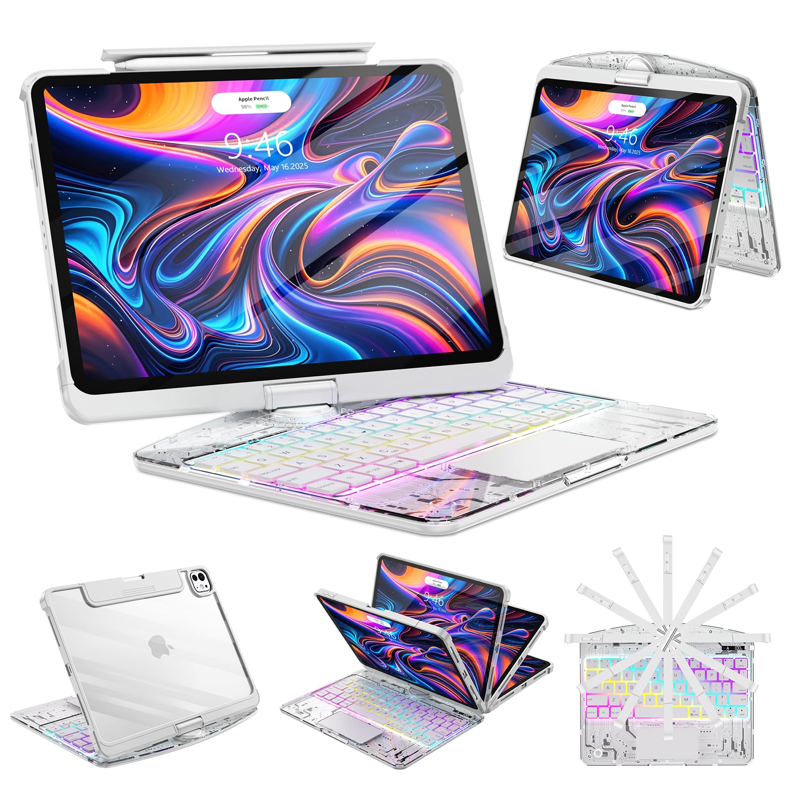 Photo 1 of SIBEITU Keyboard Case for iPad Pro 13 Inch M5 2025 / M4 2024, Clear Wireless Keyboard iPad Pro 13inch Cover with Multi-Touch Trackpad, 7-Color Backlight & 3-Brightness, Visible PCB Tech Design, White