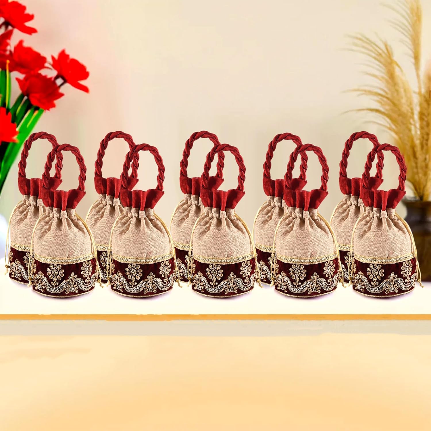 Kuber Industries Potli | Wedding Potli | Drawstring Potli with Handle | Wallet Potli | Christmas Gift Potli | Baby Shower Potli | Traditional Shagun Potli | Pack of 10 | Cream & Maroon Kuber Industries Potli | Wedding Potli | Drawstring Potli with Handle | Wallet Potli | Christmas Gift Potli | Baby Shower Potli | Traditional Shagun Potli | Pack of 10 | Cream & Maroon