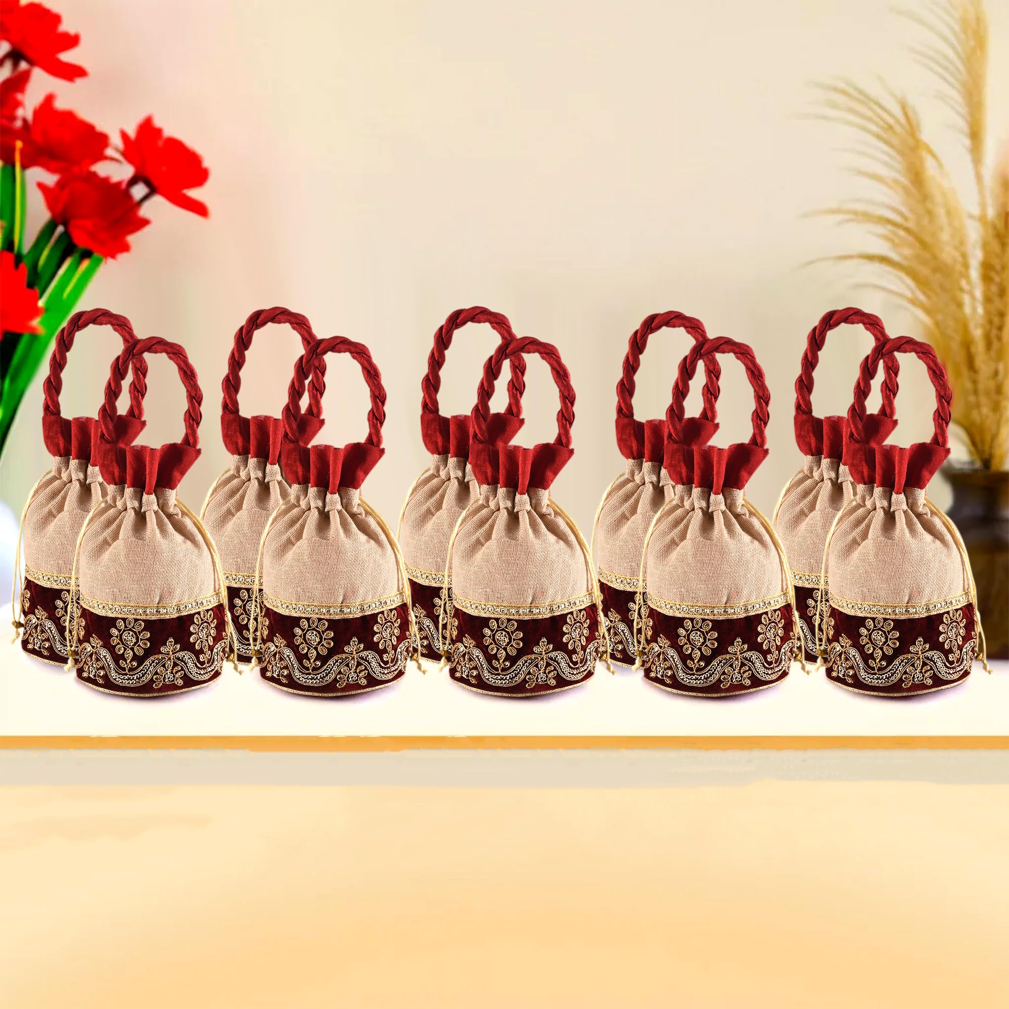 Kuber Industries Potli | Wedding Potli | Drawstring Potli with Handle | Wallet Potli | Christmas Gift Potli | Baby Shower Potli | Traditional Shagun Potli | Pack of 10 | Cream & Maroon-image-40