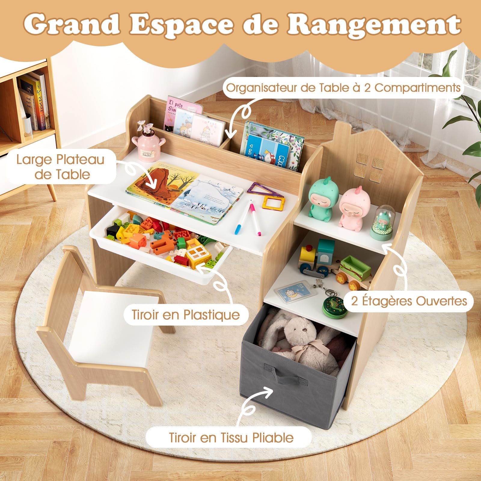 COSTWAY Bureau Enfant Garçon Fille avec Chaise & 2 Compartiments, Table Enfant avec Tiroir & Bac de Rangement en Tissu, Étagères Ouvertes, Table à Dessin pour 3 Ans+, Charge 20/50kg