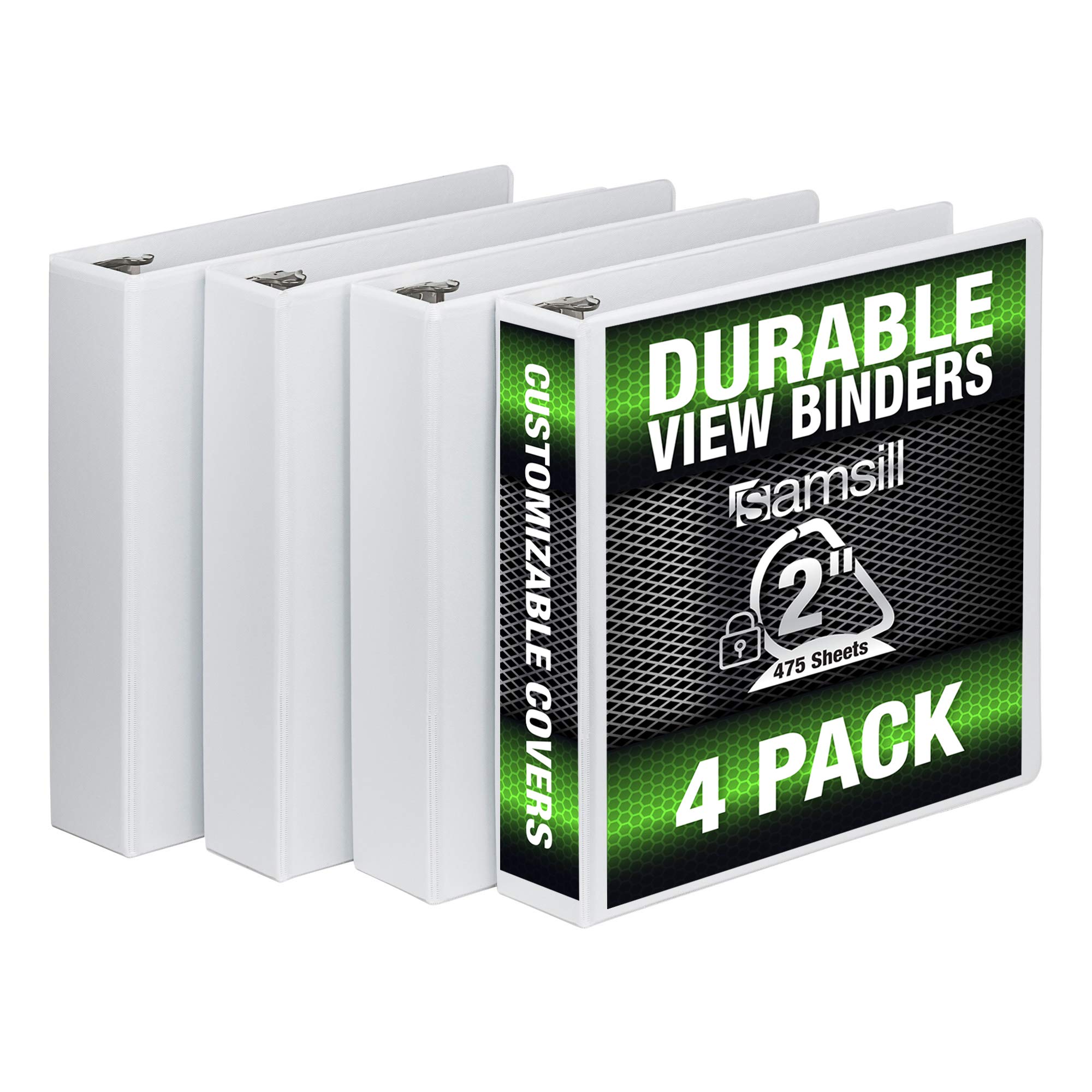 SamsillDurable 2 Inch Binder, Made in The USA, D Ring Customizable Clear View Binder, White, 4 Pack, Holds 480 Pages