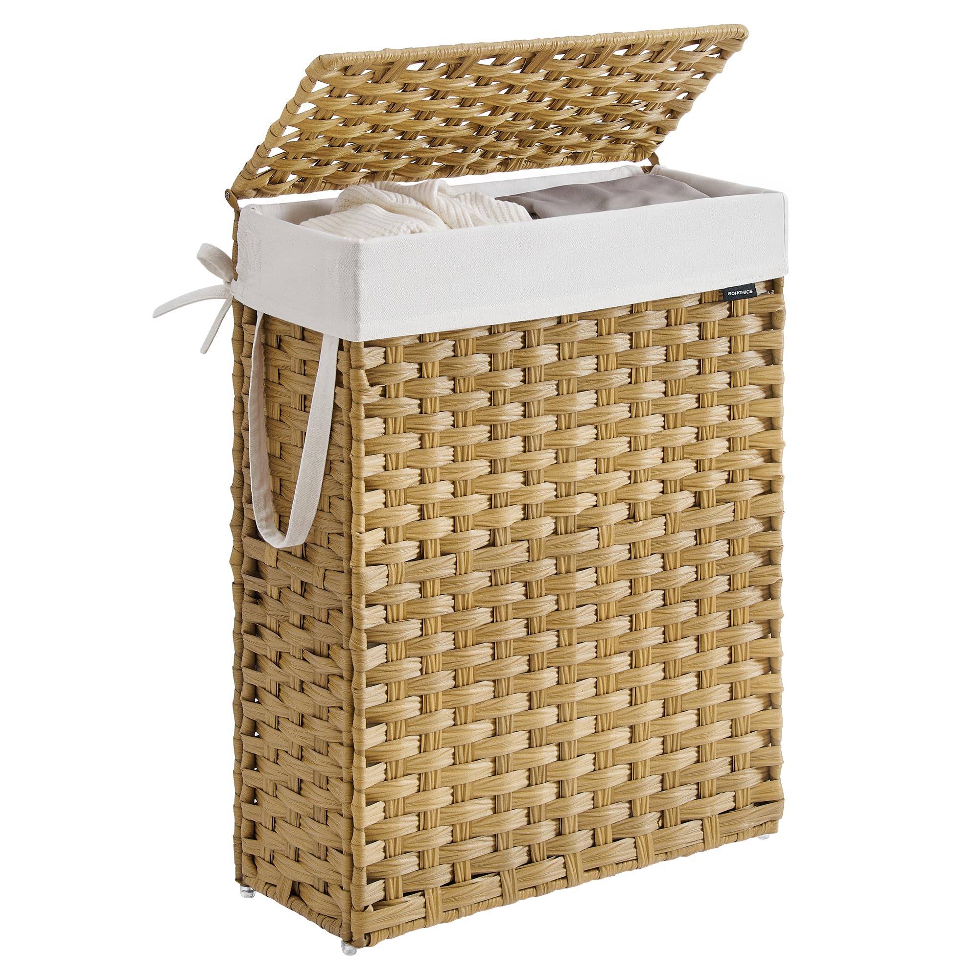 SONGMICS Slim Laundry Basket, 55L Synthetic Rattan Storage Basket with Lid and Handles, Wicker, Foldable, Removable Liners, for Blankets, Clothes, Laundry Room, Goose Yellow LCB164N01