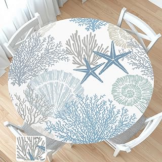 Summer Nautical Coastal Round Fitted Tablecloth with Elastic Edge Blue Ocean Beach Theme Circle Table Cloth for 40-44" Tables Seashell Coral Wipeable Waterproof Table Cover for Outdoor Picnic Dining