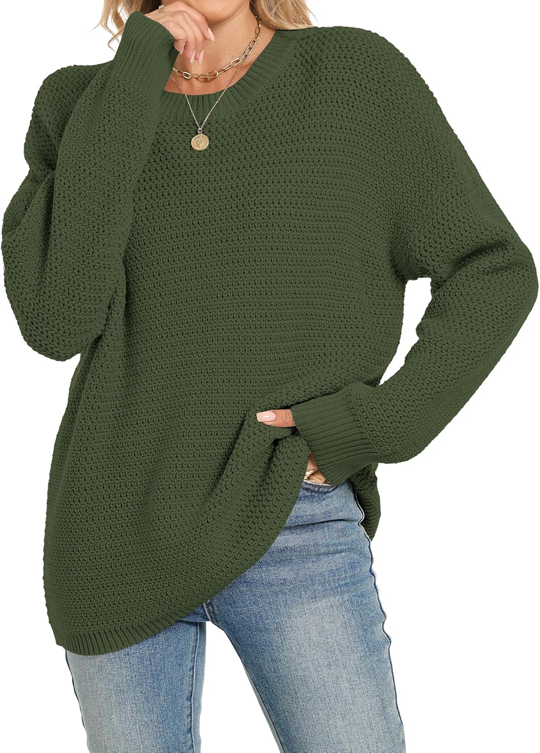 Womens 2025 Fall Sweaters Long Sleeve Chunky Knit Pullover Sweater Casual Crew Neck Oversized Sweaters