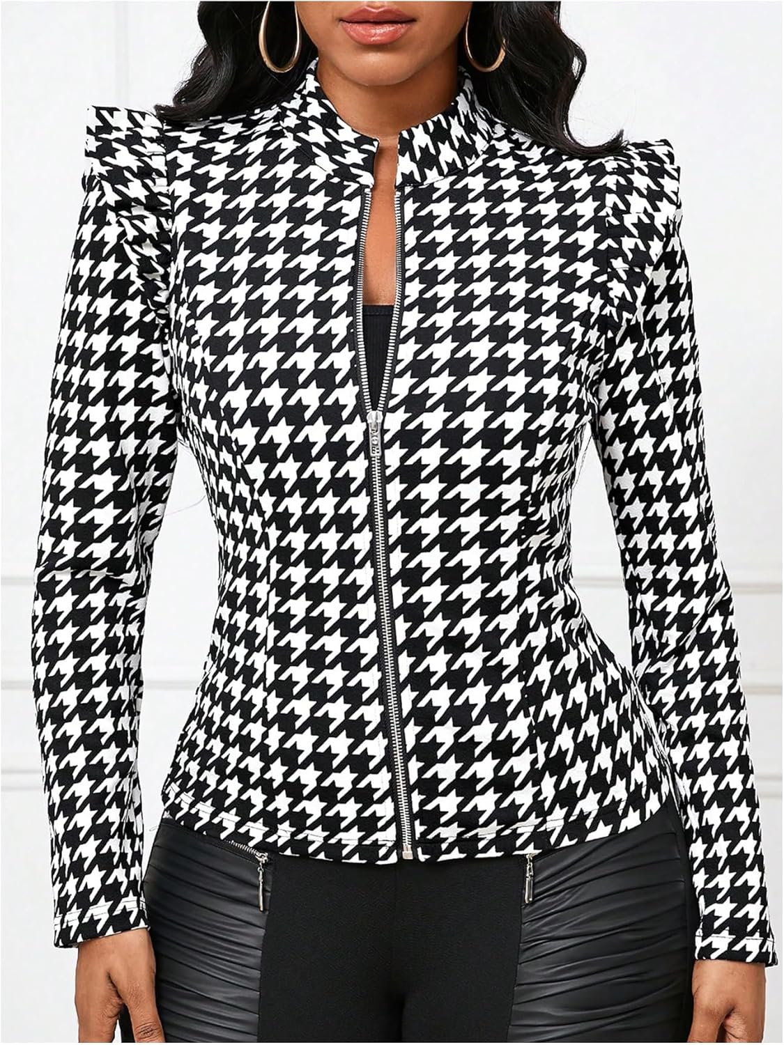 MakeMeChic Women's Houndstooth Blazer Mock Neck Full Zip Ruffled Jacket Long Sleeve Outerwear Coat - Image 3