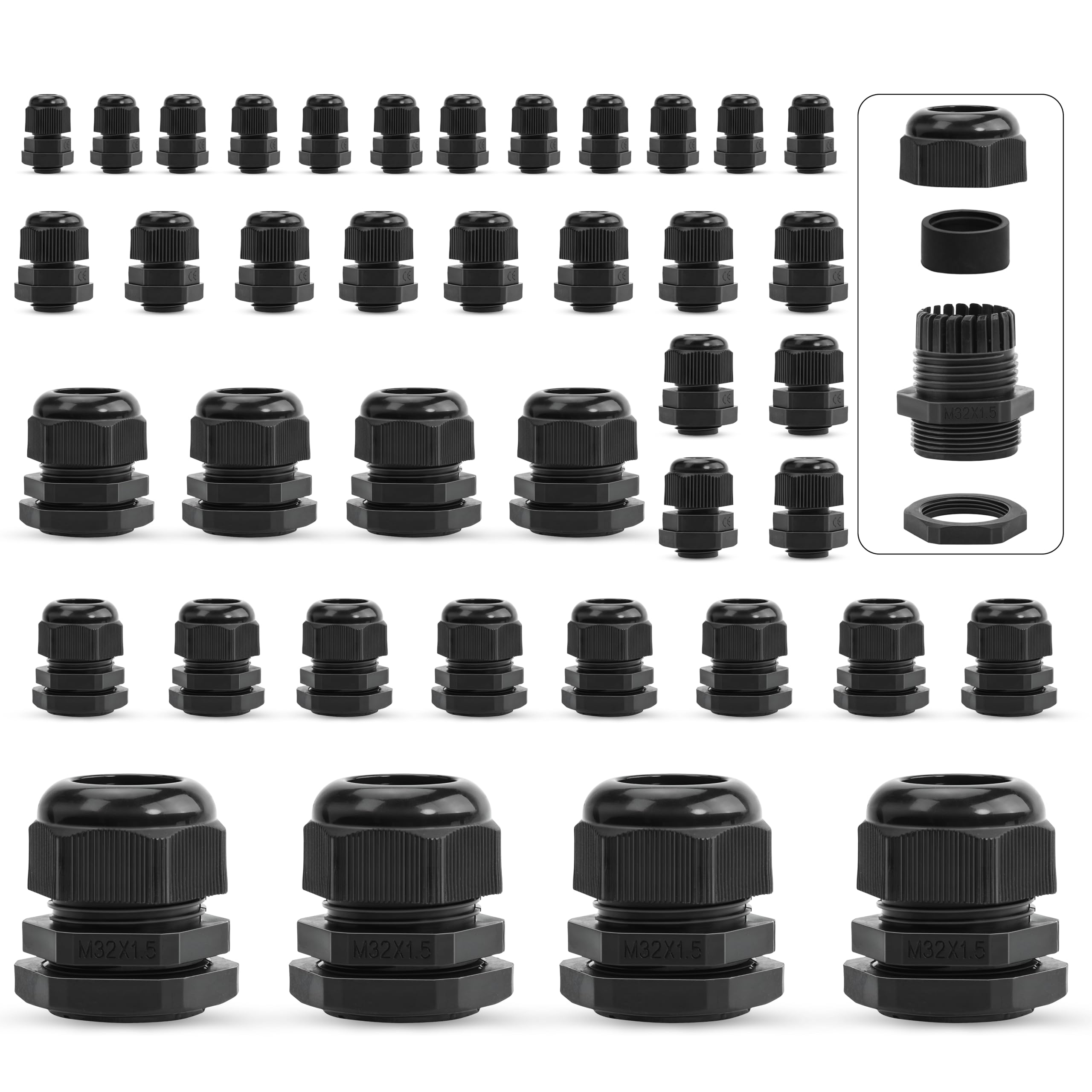 Lot de 40 presse-étoupes M12 M16 M20 M24 M32 - Passe-câbles réglables Lot de 40 presse-étoupes M12 M16 M20 M24 M32 - Passe-câbles réglables