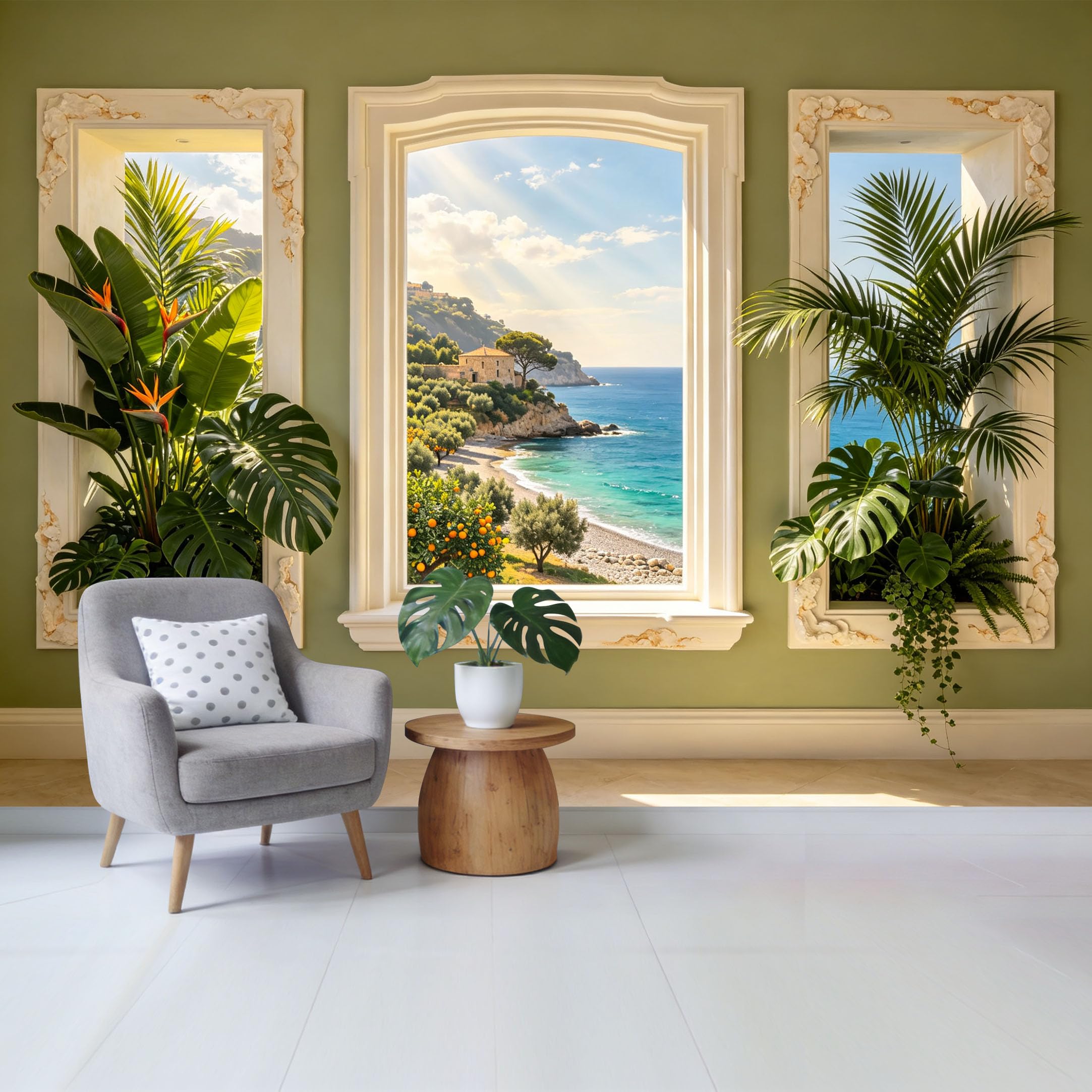Custom Size Wall Mural Mediterranean Coastal View with Tropical Palm and Monstera Plants Removable Self Adhesive Fabric， Home Wall Decor for Living Room Bedroom Bathroom