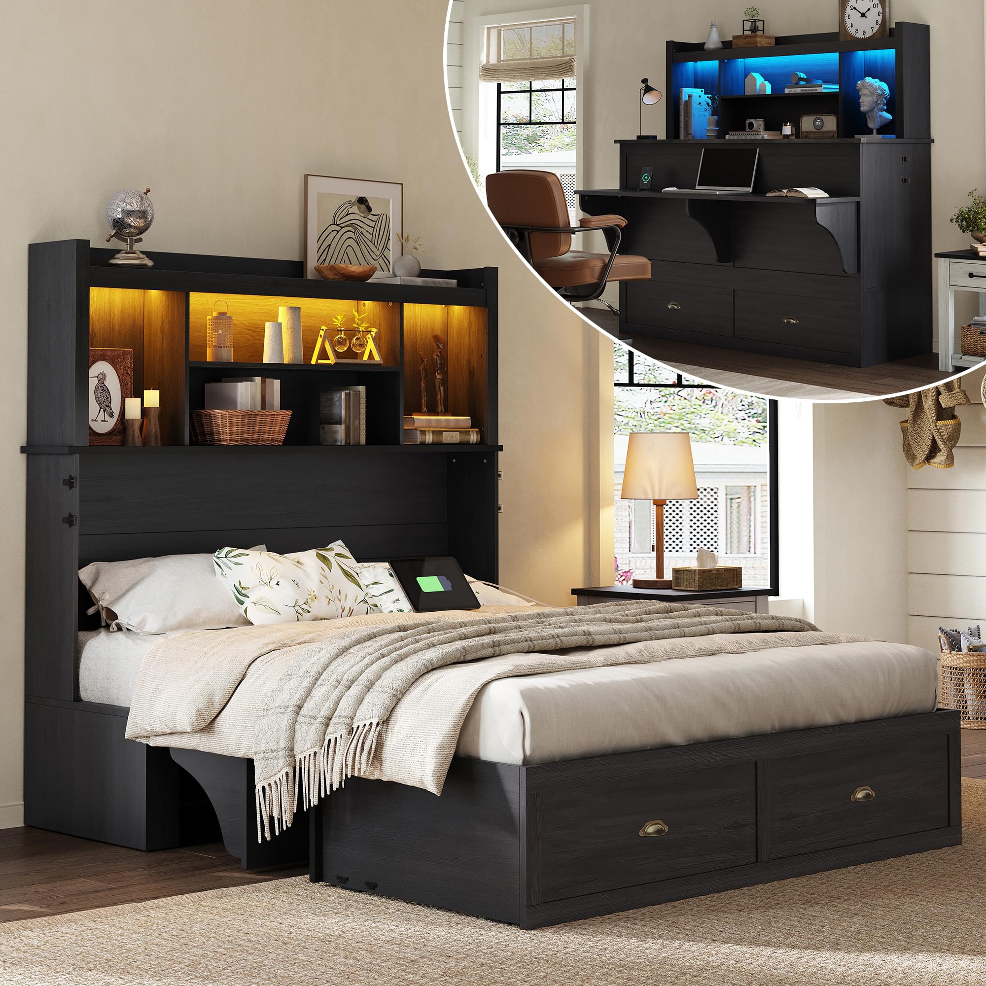 Photo 1 of ** SIMILAR /PARTIAL SET **AMERLIFE Full Murphy Bed with Bookcase Headboard & LED Light, Farmhouse Cabinet Bed with Storage Drawer, Charging Station and Desk for Home Office/Guest Room/Small Spaces, Black